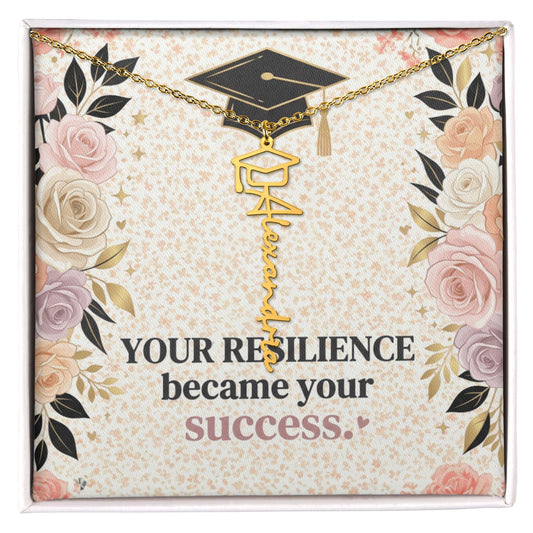 Shop our your resilience became your success graduation cap name necklace featuring the Polished Stainless Steel style option from MySisterIsASurvivor.