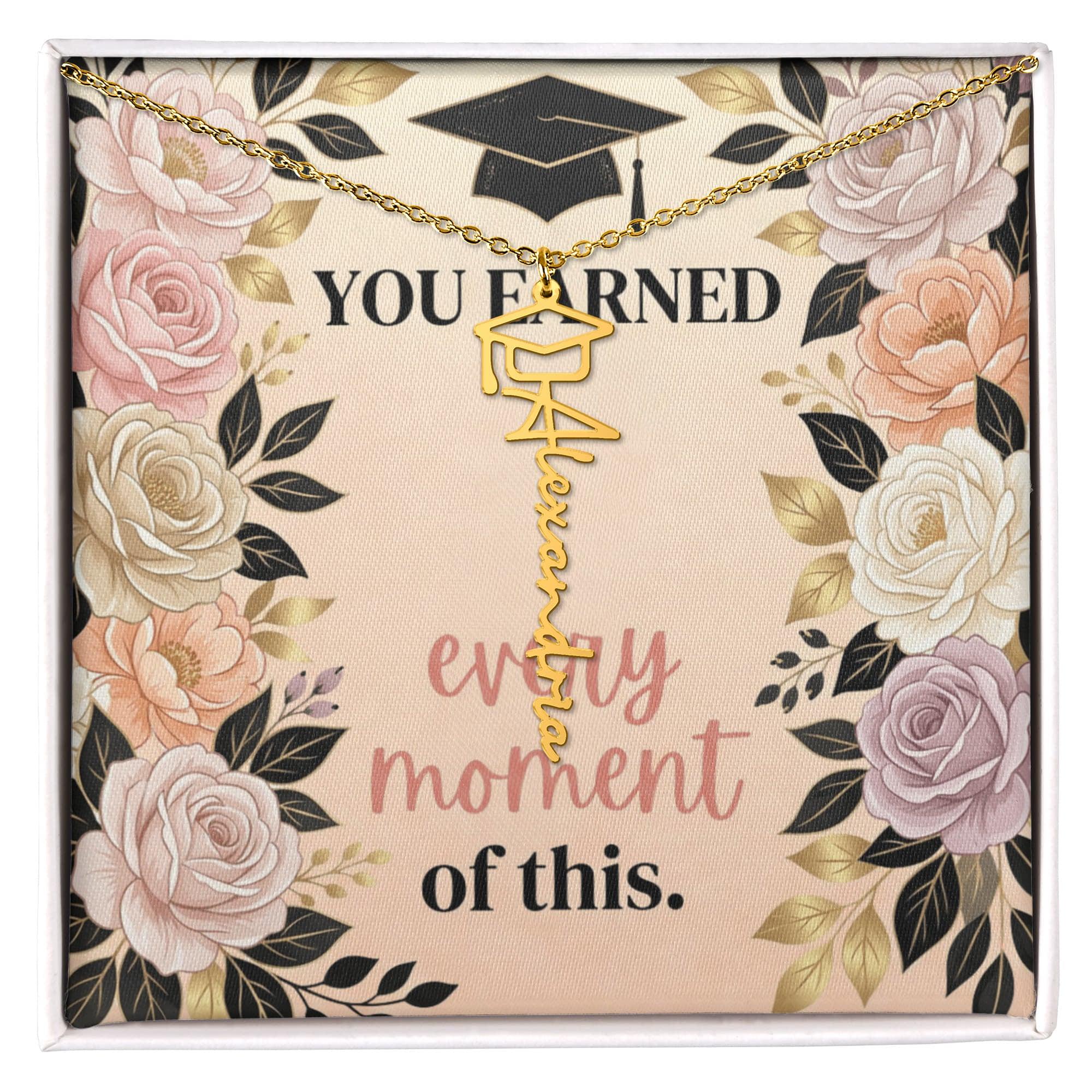Shop our you earned every moment of this graduation cap name necklace featuring the 18k Yellow Gold Finish style option from MySisterIsASurvivor.