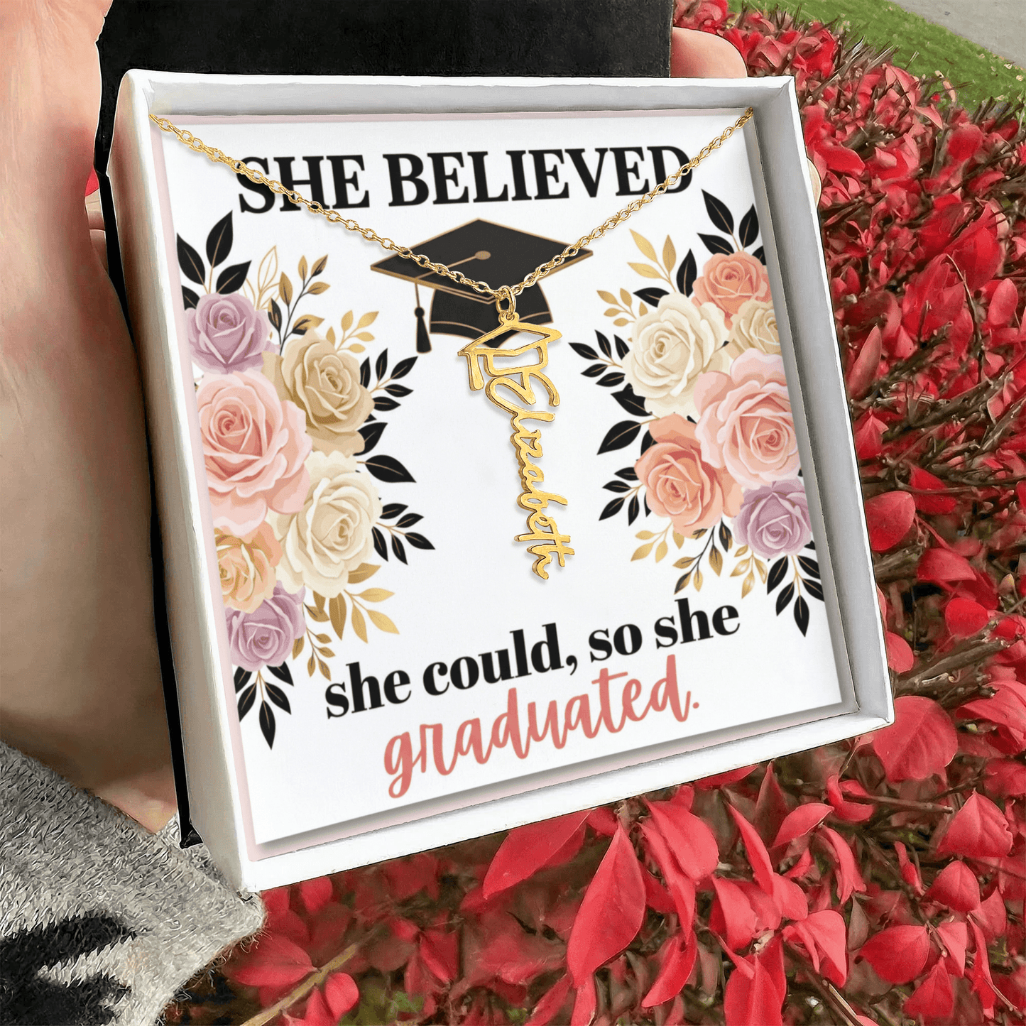 Shop our proof that strength and perseverance win graduation cap name necklace featuring the 18k Yellow Gold Finish style option from MySisterIsASurvivor.
