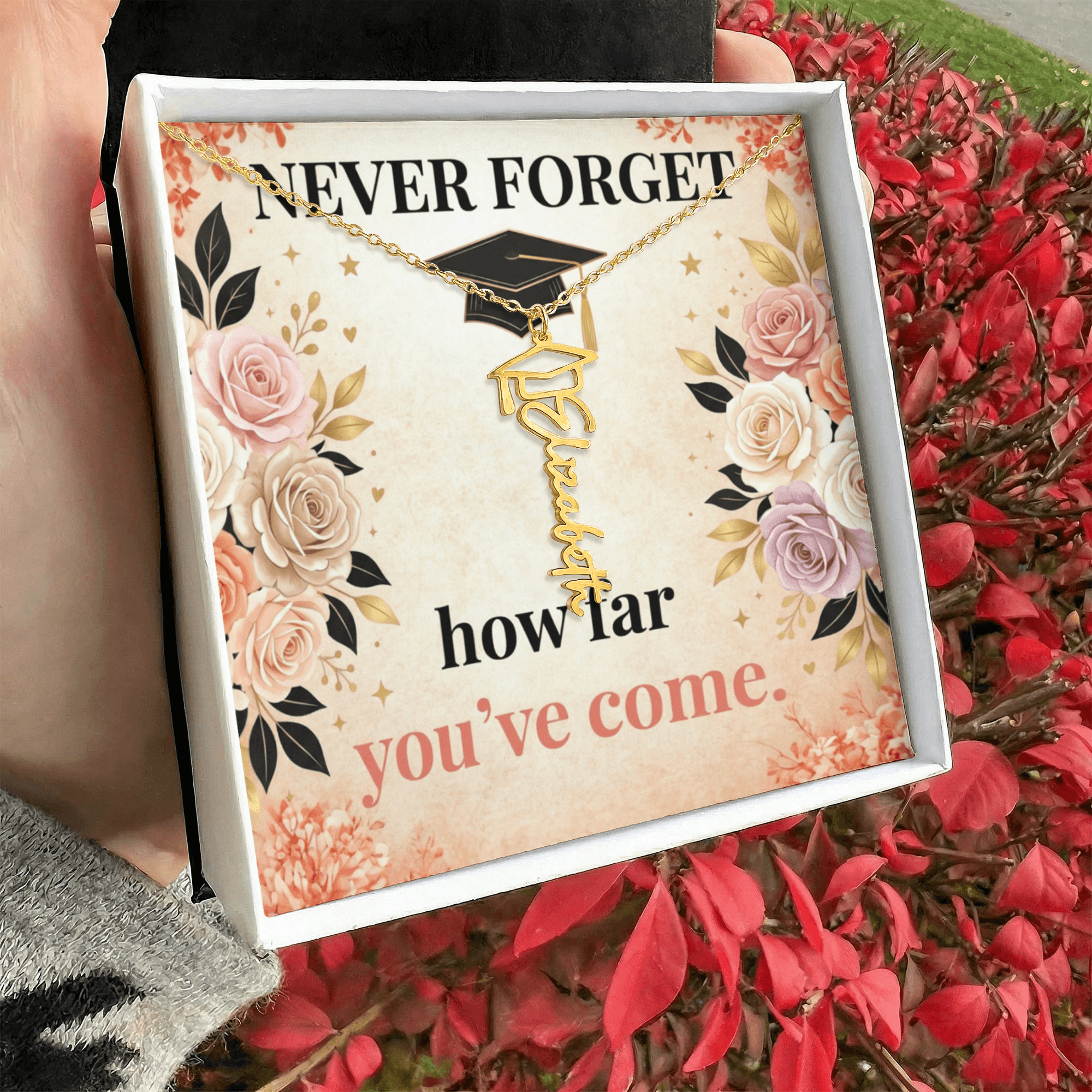 Shop our never forget how far youve come graduation cap name necklace featuring the 18k Yellow Gold Finish style option from MySisterIsASurvivor.