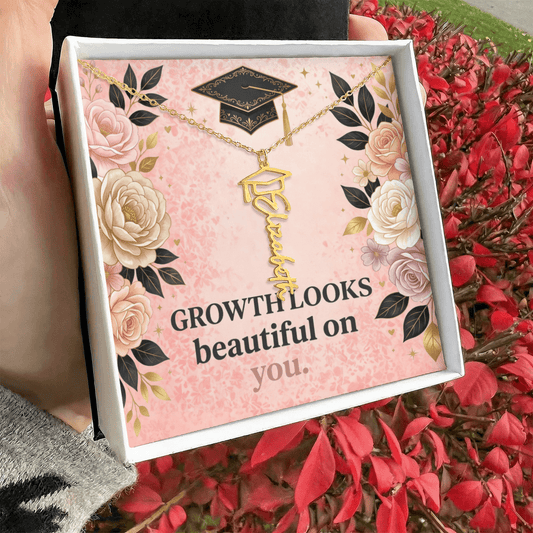 Shop our growth looks beautiful on you graduation cap name necklace featuring the Polished Stainless Steel style option from MySisterIsASurvivor.