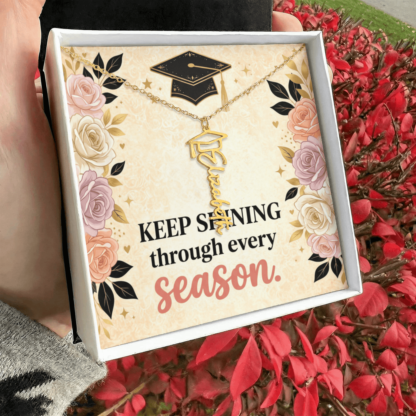 Shop our keep shining through every season graduation cap name necklace featuring the 18k Yellow Gold Finish style option from MySisterIsASurvivor.