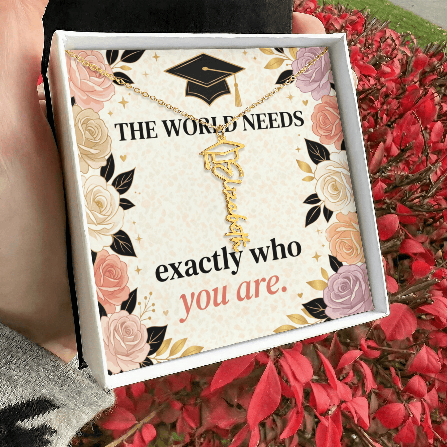 Shop our the world needs exactly who you are graduation cap name necklace featuring the 18k Yellow Gold Finish style option from MySisterIsASurvivor.