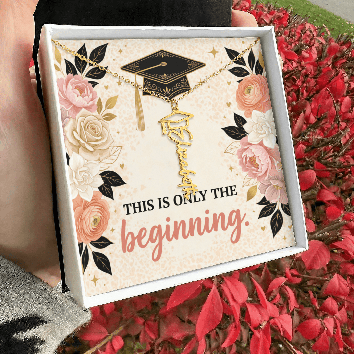 Shop our this is only the beginning graduation cap name necklace featuring the 18k Yellow Gold Finish style option from MySisterIsASurvivor.