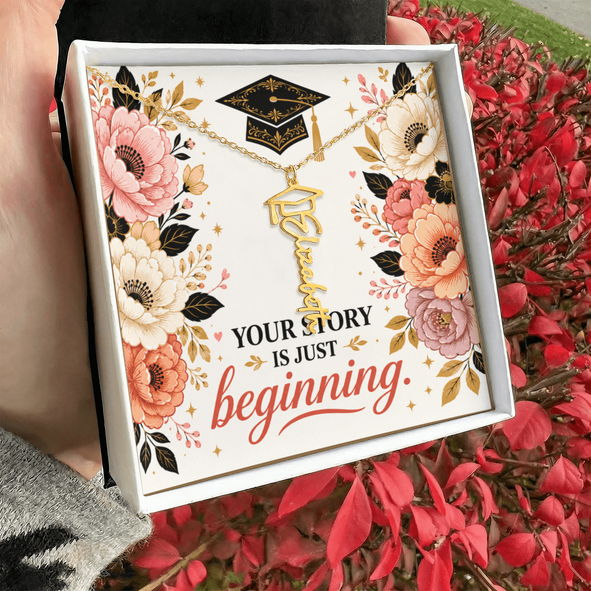Shop our your story is just beginning graduation cap name necklace featuring the 18k Yellow Gold Finish style option from MySisterIsASurvivor.