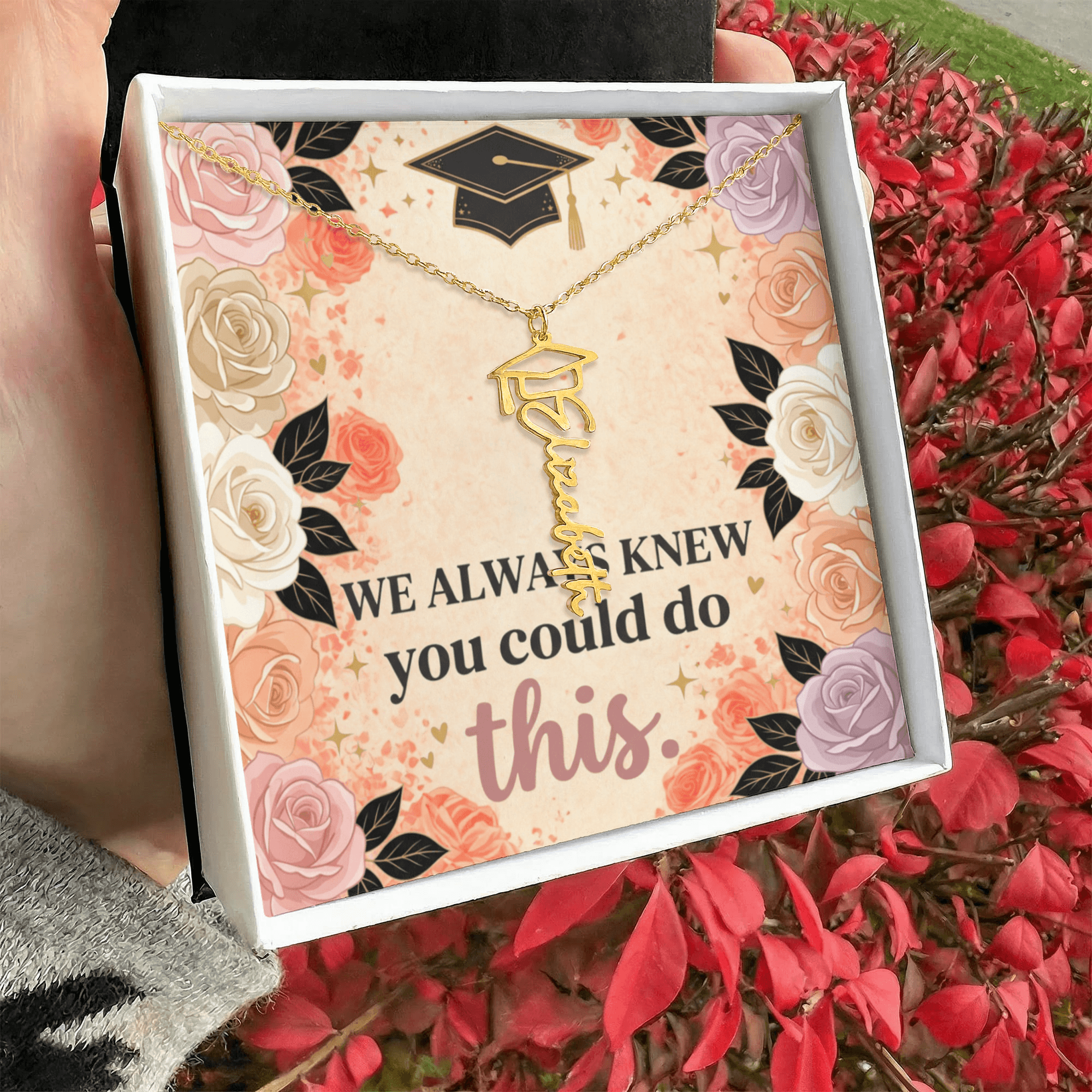 Shop our we always knew you could do this graduation cap name necklace featuring the Polished Stainless Steel style option from MySisterIsASurvivor.