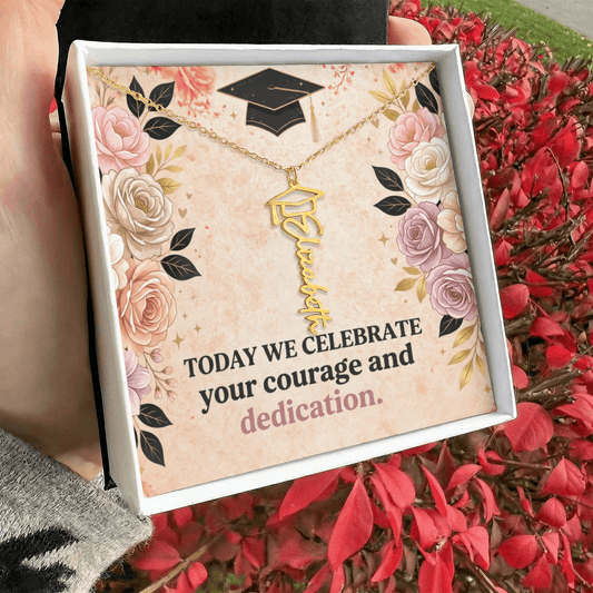 Shop our today we celebrate your courage and dedication graduation cap name necklace featuring the Polished Stainless Steel style option from MySisterIsASurvivor.