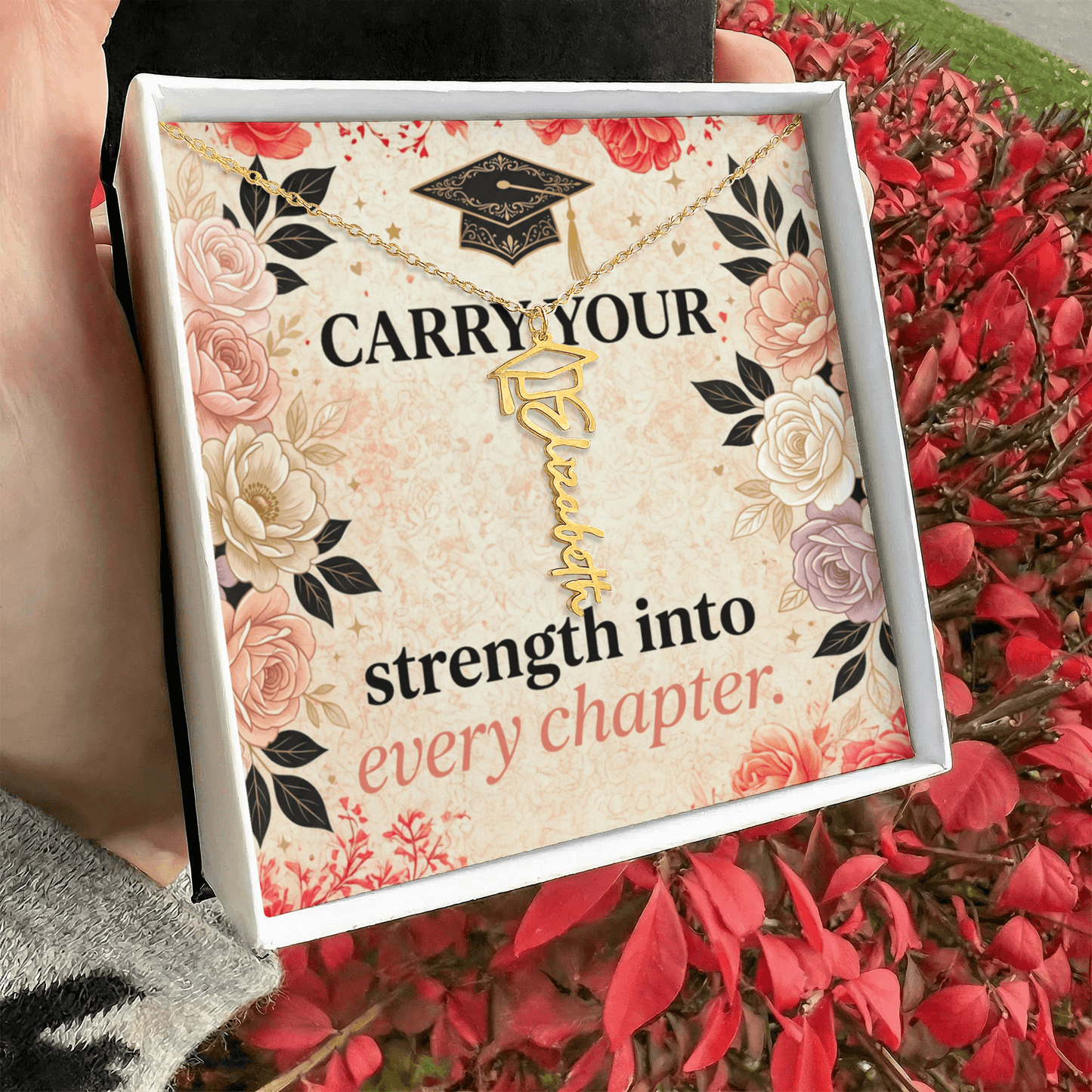 Shop our carry your strength into every chapter graduation cap name necklace featuring the 18k Yellow Gold Finish style option from MySisterIsASurvivor.