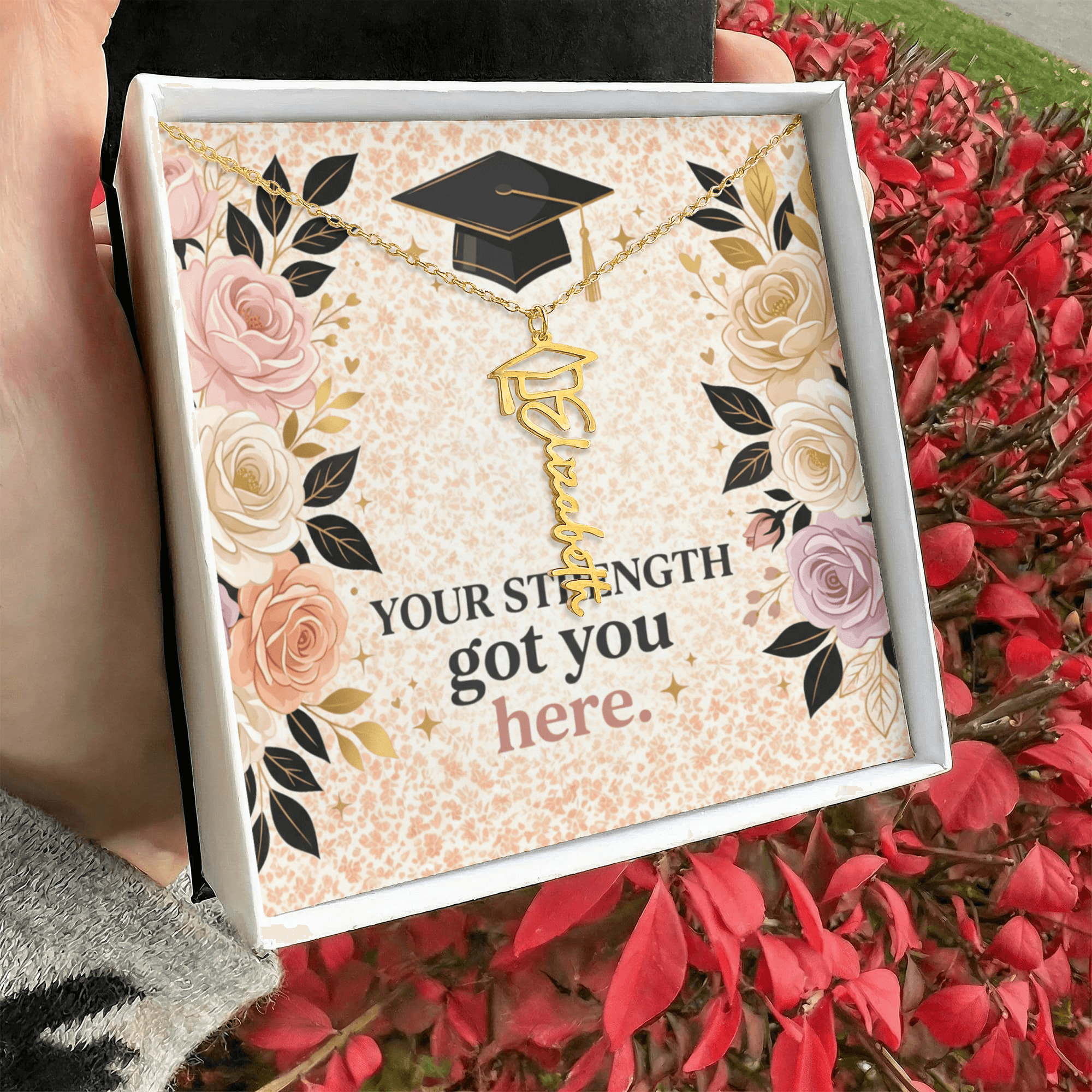 Shop our your strength got you here graduation cap name necklace featuring the Polished Stainless Steel style option from MySisterIsASurvivor.