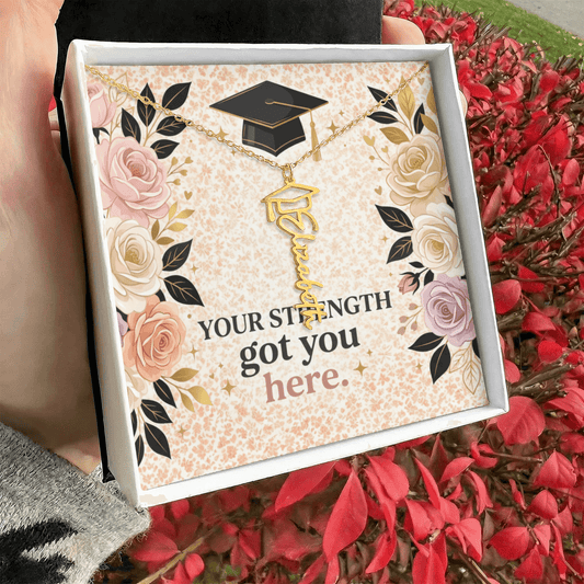 Shop our your strength got you here graduation cap name necklace featuring the Polished Stainless Steel style option from MySisterIsASurvivor.