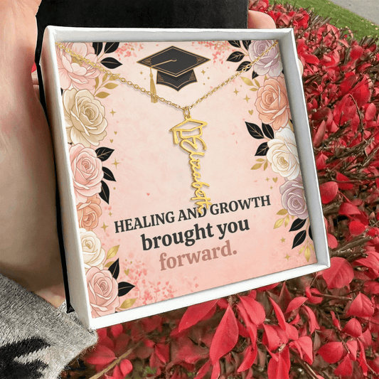 Shop our healing and growth brought you forward graduation cap name necklace featuring the Polished Stainless Steel style option from MySisterIsASurvivor.