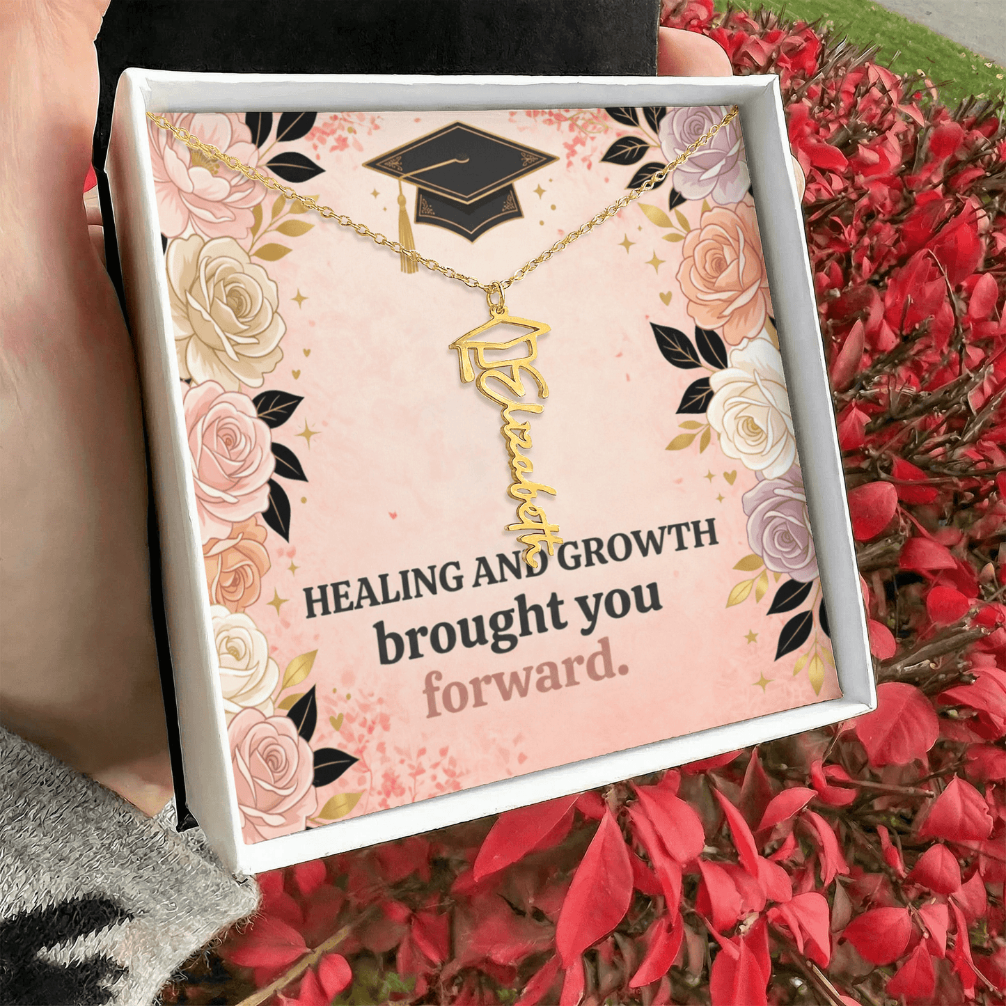 Shop our healing and growth brought you forward graduation cap name necklace featuring the Polished Stainless Steel style option from MySisterIsASurvivor.