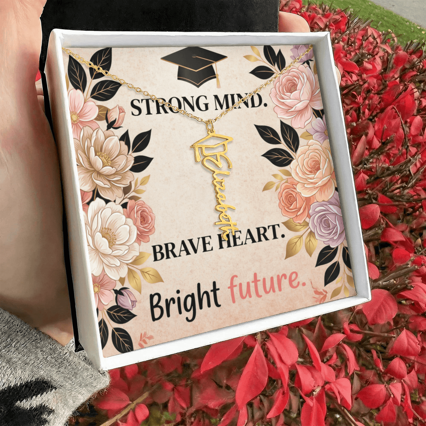 Shop our premium strong mind brave heart bright future graduation cap name necklace from MySisterIsASurvivor.