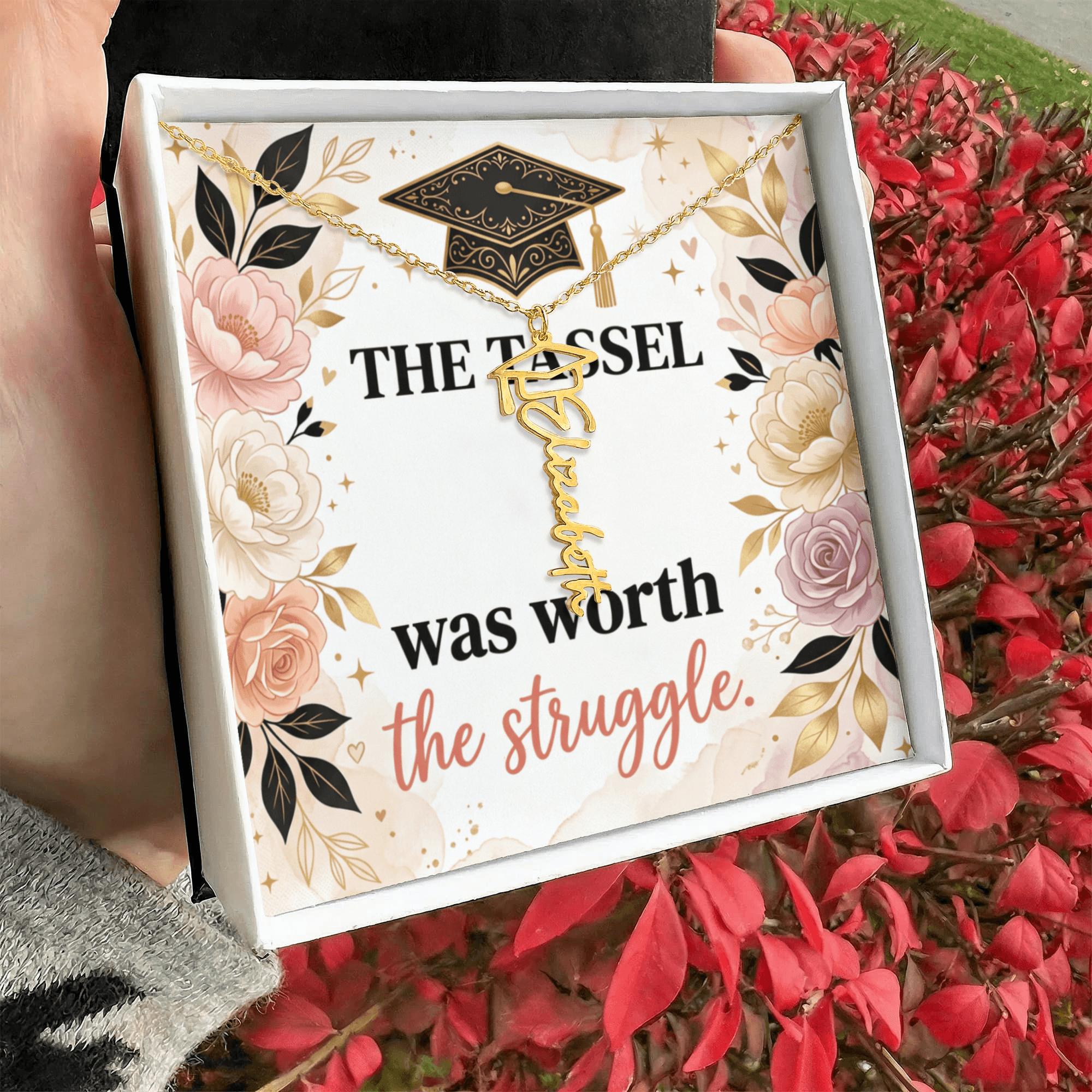 Shop our the tassel was worth the struggle graduation cap name necklace featuring the 18k Yellow Gold Finish style option from MySisterIsASurvivor.