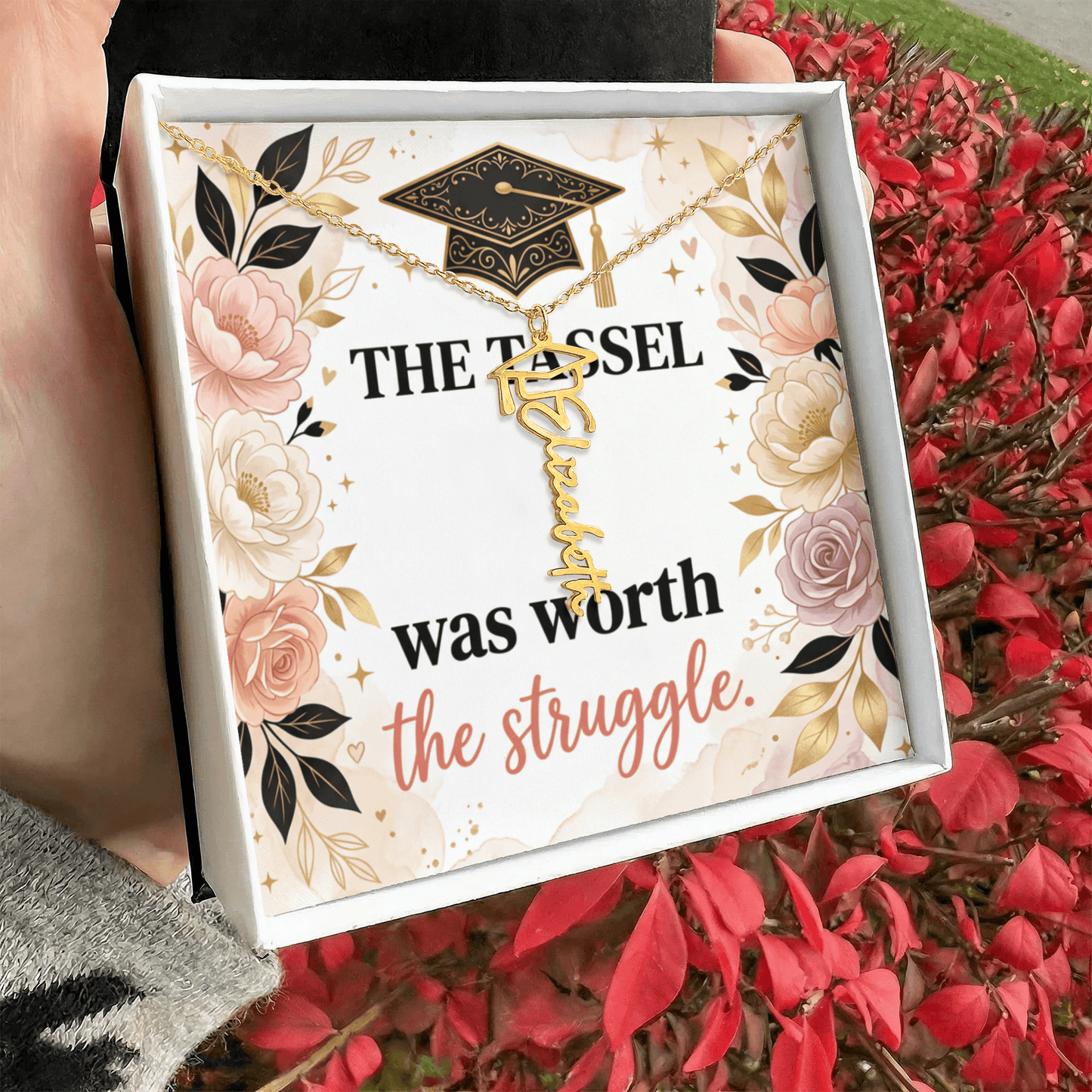 Shop our the tassel was worth the struggle graduation cap name necklace featuring the 18k Yellow Gold Finish style option from MySisterIsASurvivor.