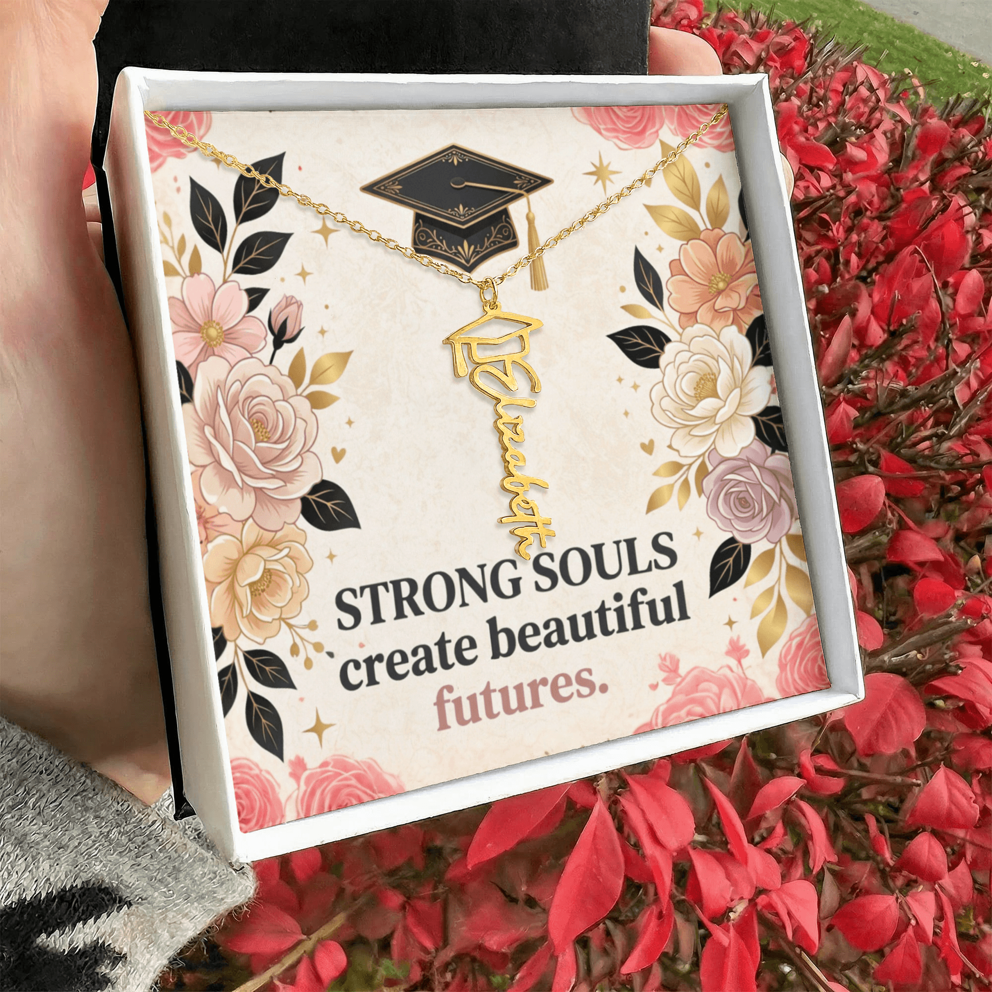 Shop our strong souls create beautiful futures graduation cap name necklace featuring the Polished Stainless Steel style option from MySisterIsASurvivor.