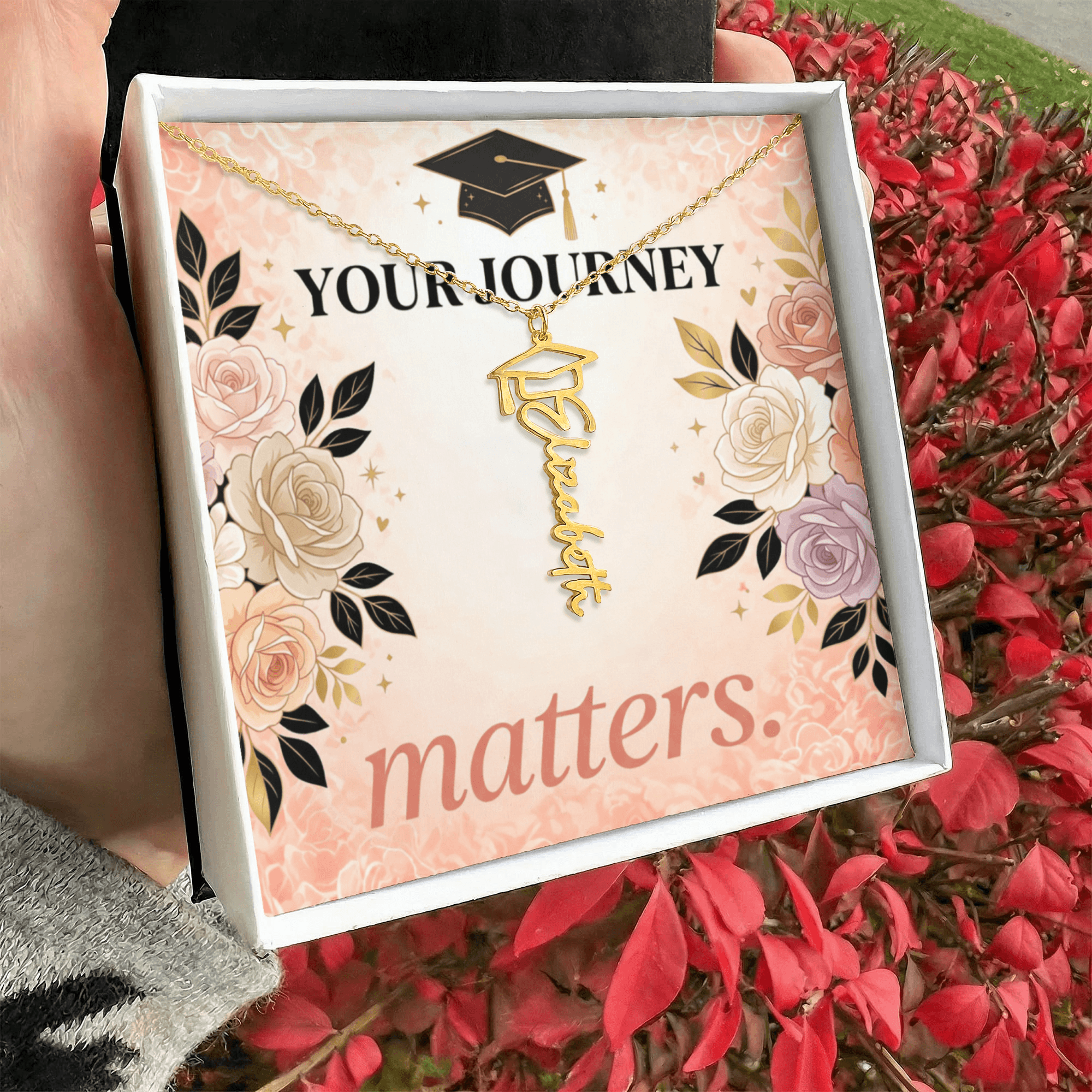 Shop our your journey matters graduation cap name necklace featuring the 18k Yellow Gold Finish style option from MySisterIsASurvivor.