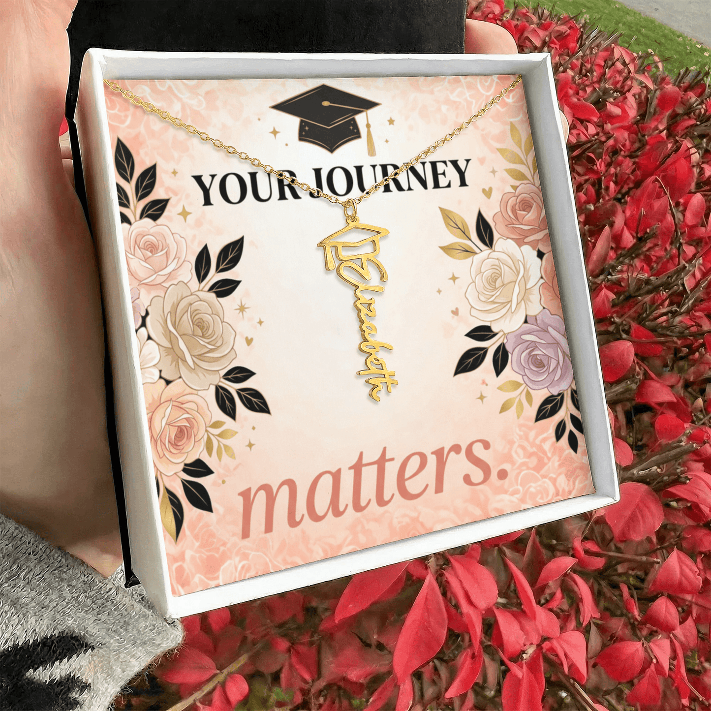 Shop our your journey matters graduation cap name necklace featuring the 18k Yellow Gold Finish style option from MySisterIsASurvivor.
