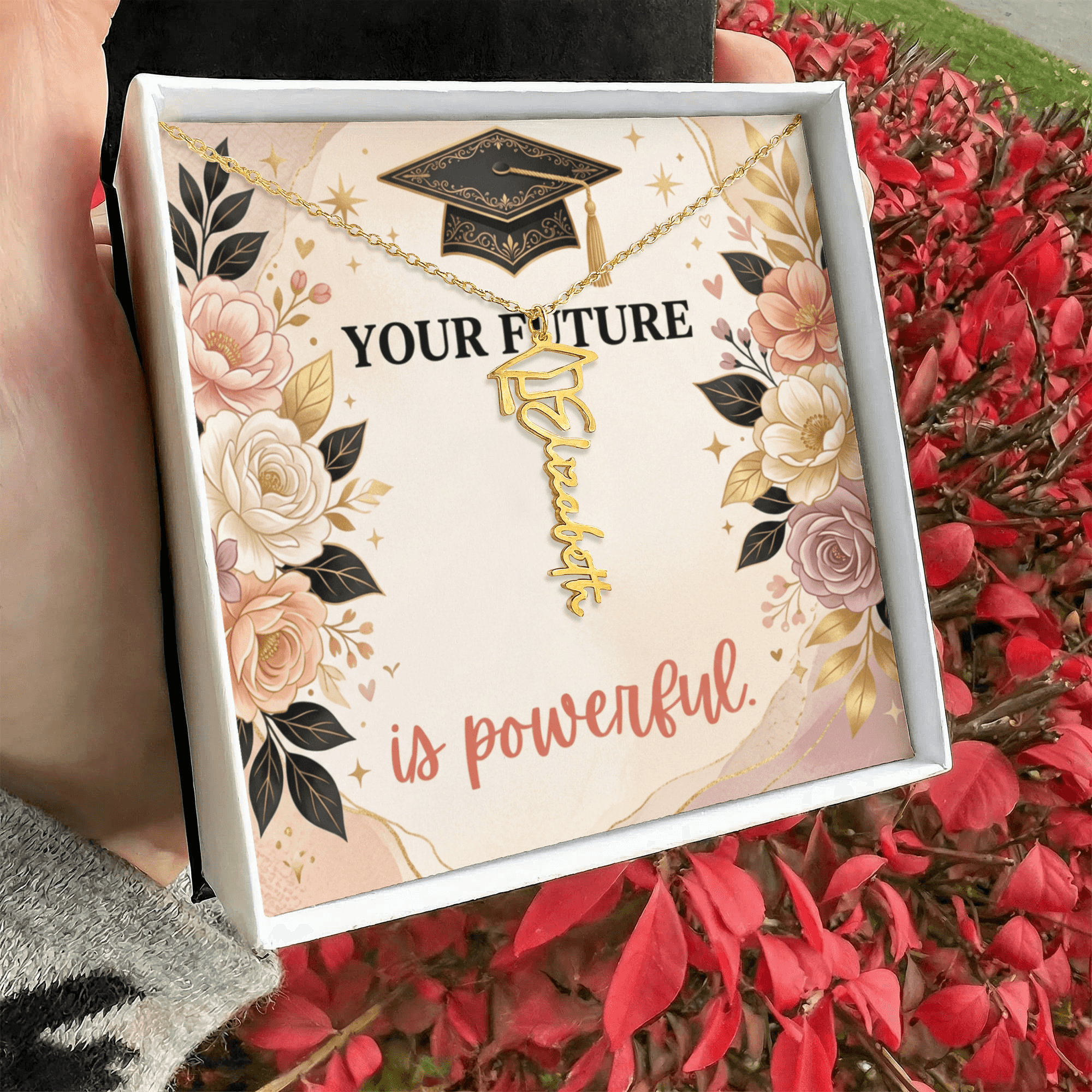 Shop our your future is powerful graduation cap name necklace featuring the 18k Yellow Gold Finish style option from MySisterIsASurvivor.