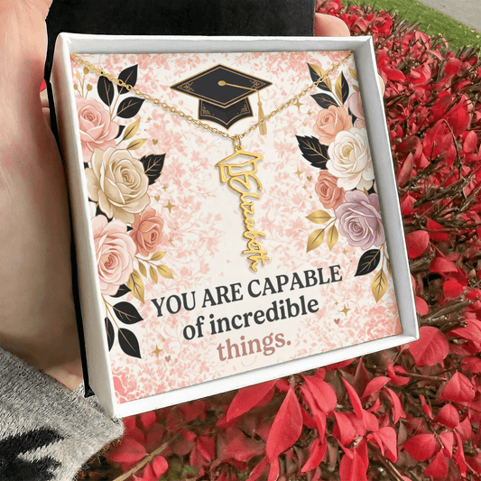 Shop our you are capable of incredible things graduation cap name necklace featuring the Polished Stainless Steel style option from MySisterIsASurvivor.