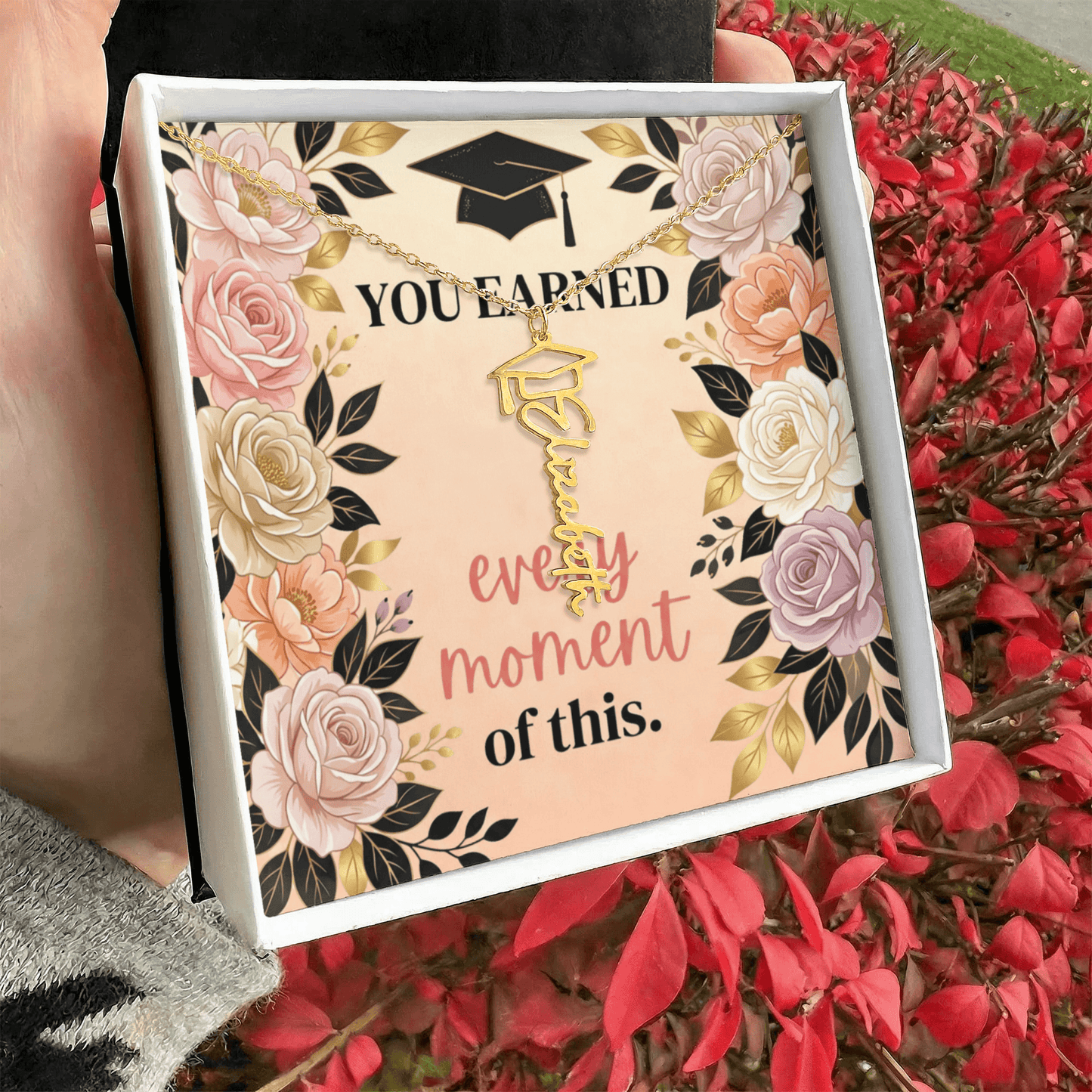 Shop our you earned every moment of this graduation cap name necklace featuring the 18k Yellow Gold Finish style option from MySisterIsASurvivor.
