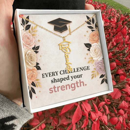 Shop our every challenge shaped your strength graduation cap name necklace featuring the Polished Stainless Steel style option from MySisterIsASurvivor.