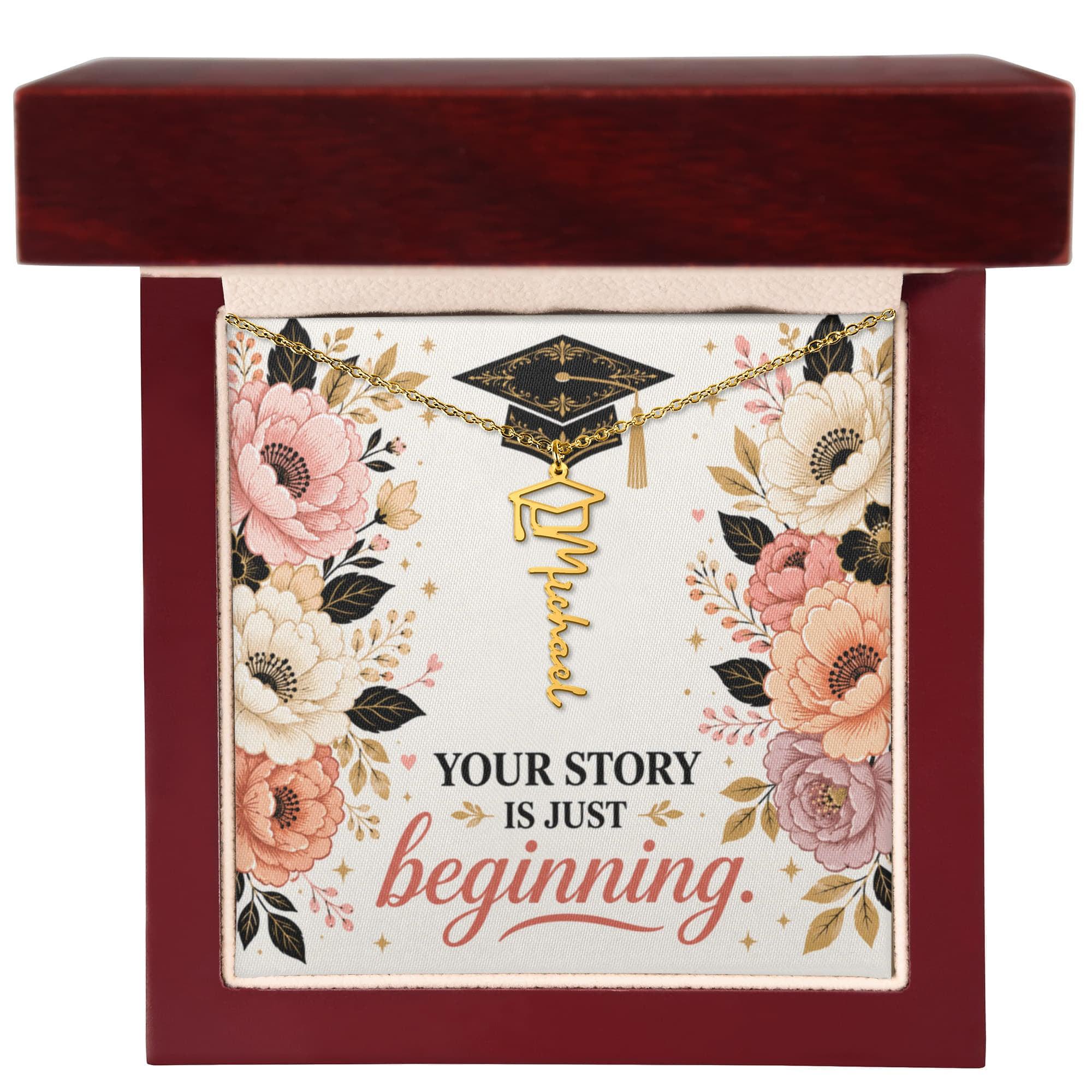 Shop our premium your story is just beginning graduation cap name necklace from MySisterIsASurvivor.