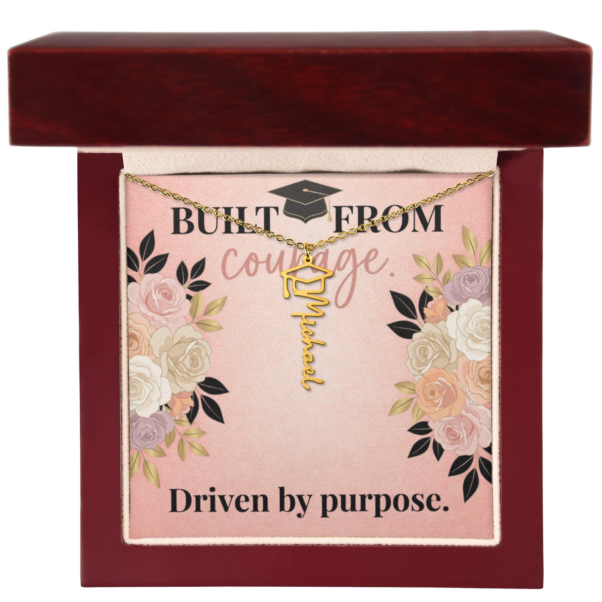 Shop our premium built from courage driven by purpose graduation cap name necklace from MySisterIsASurvivor.