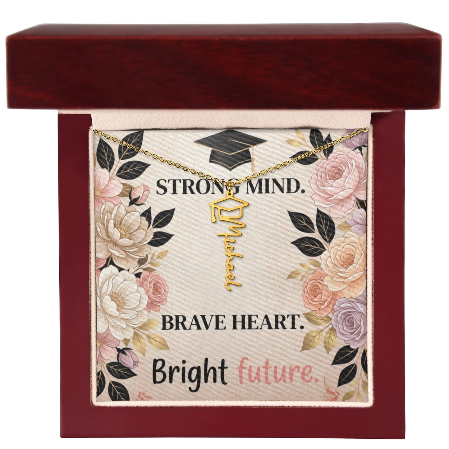 Shop our premium strong mind brave heart bright future graduation cap name necklace from MySisterIsASurvivor.