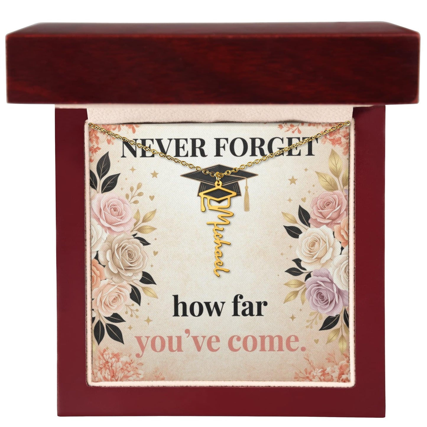 Shop our premium never forget how far youve come graduation cap name necklace from MySisterIsASurvivor.