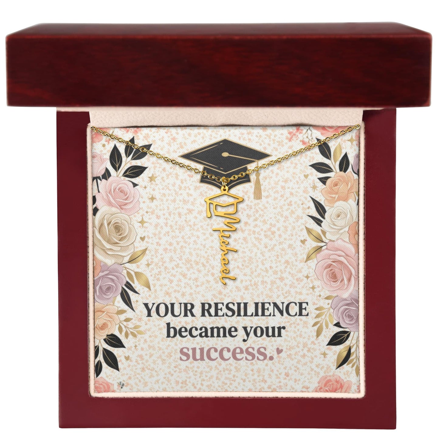 Shop our premium your resilience became your success graduation cap name necklace from MySisterIsASurvivor.