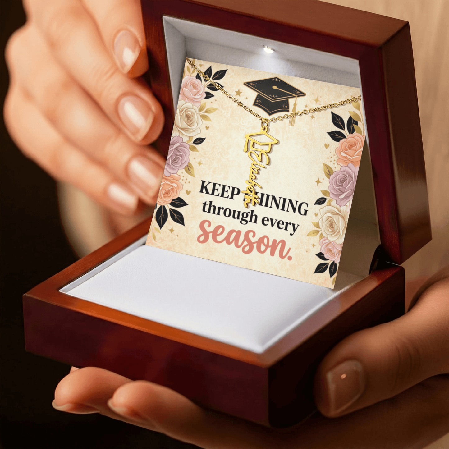 Shop our premium keep shining through every season graduation cap name necklace from MySisterIsASurvivor.