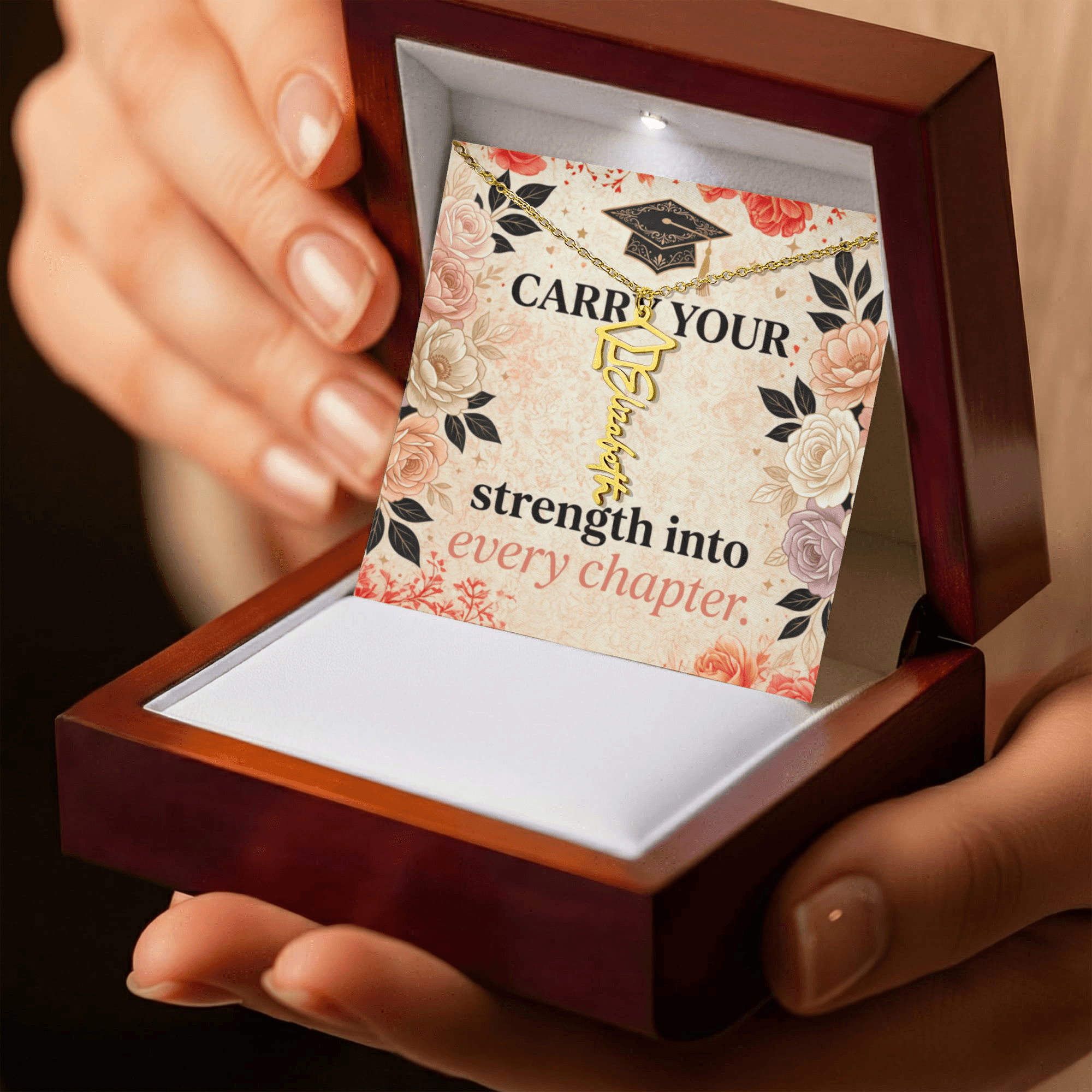 Shop our premium carry your strength into every chapter graduation cap name necklace from MySisterIsASurvivor.