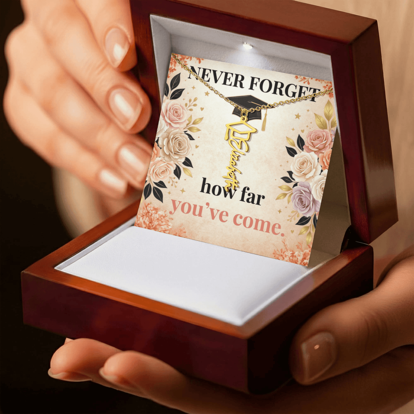 Shop our premium never forget how far youve come graduation cap name necklace from MySisterIsASurvivor.
