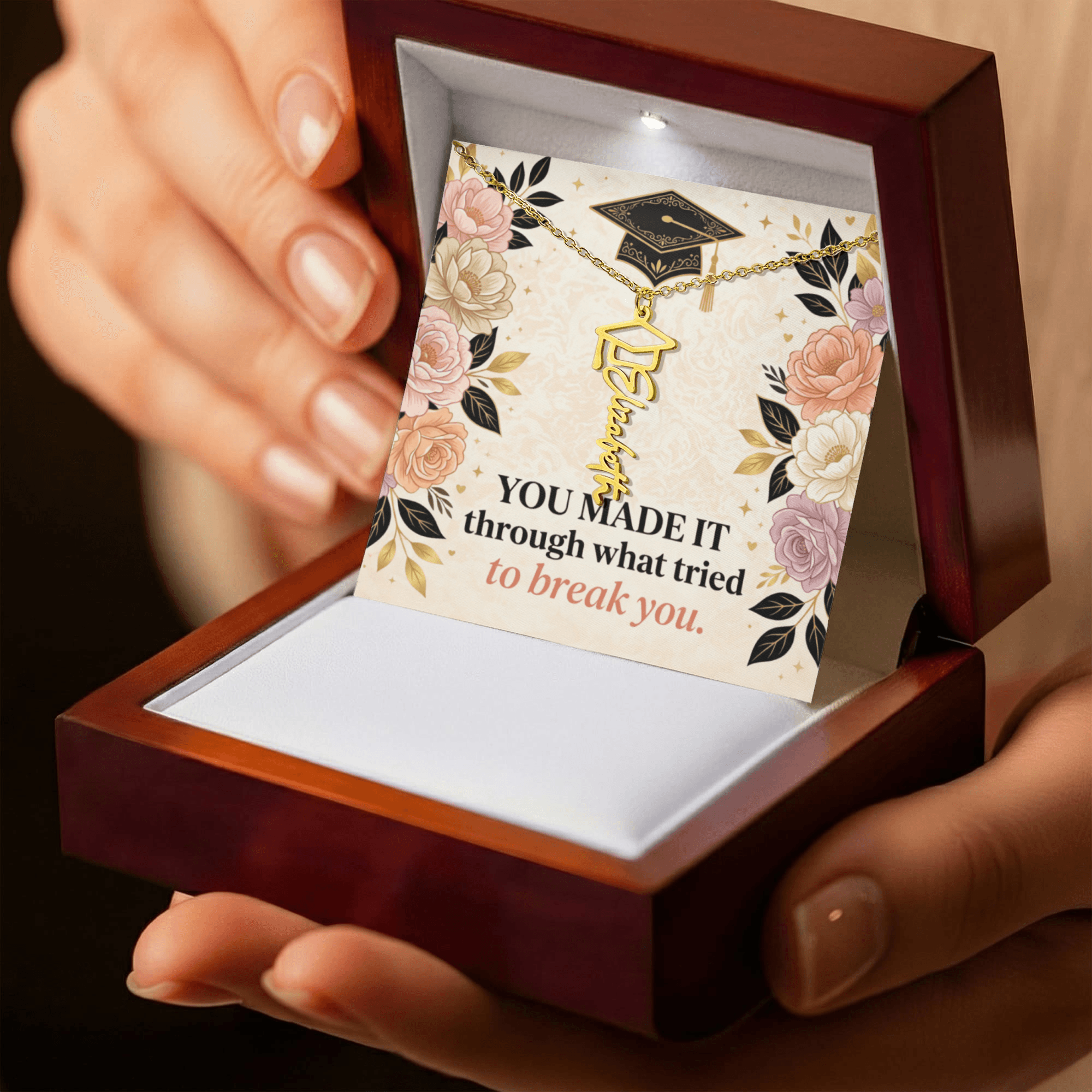 Shop our premium you made it through what tried to break you graduation cap name necklace from MySisterIsASurvivor.