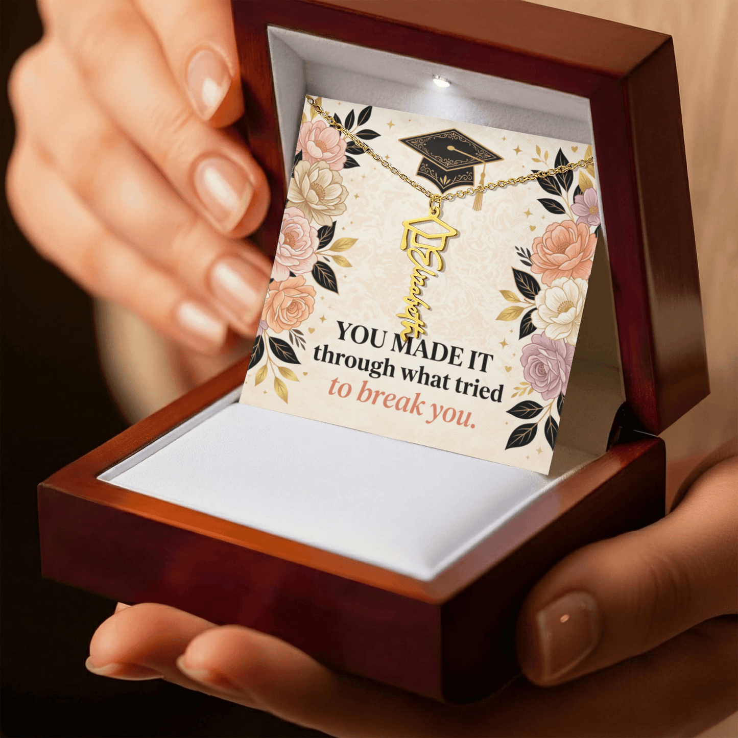 Shop our premium you made it through what tried to break you graduation cap name necklace from MySisterIsASurvivor.