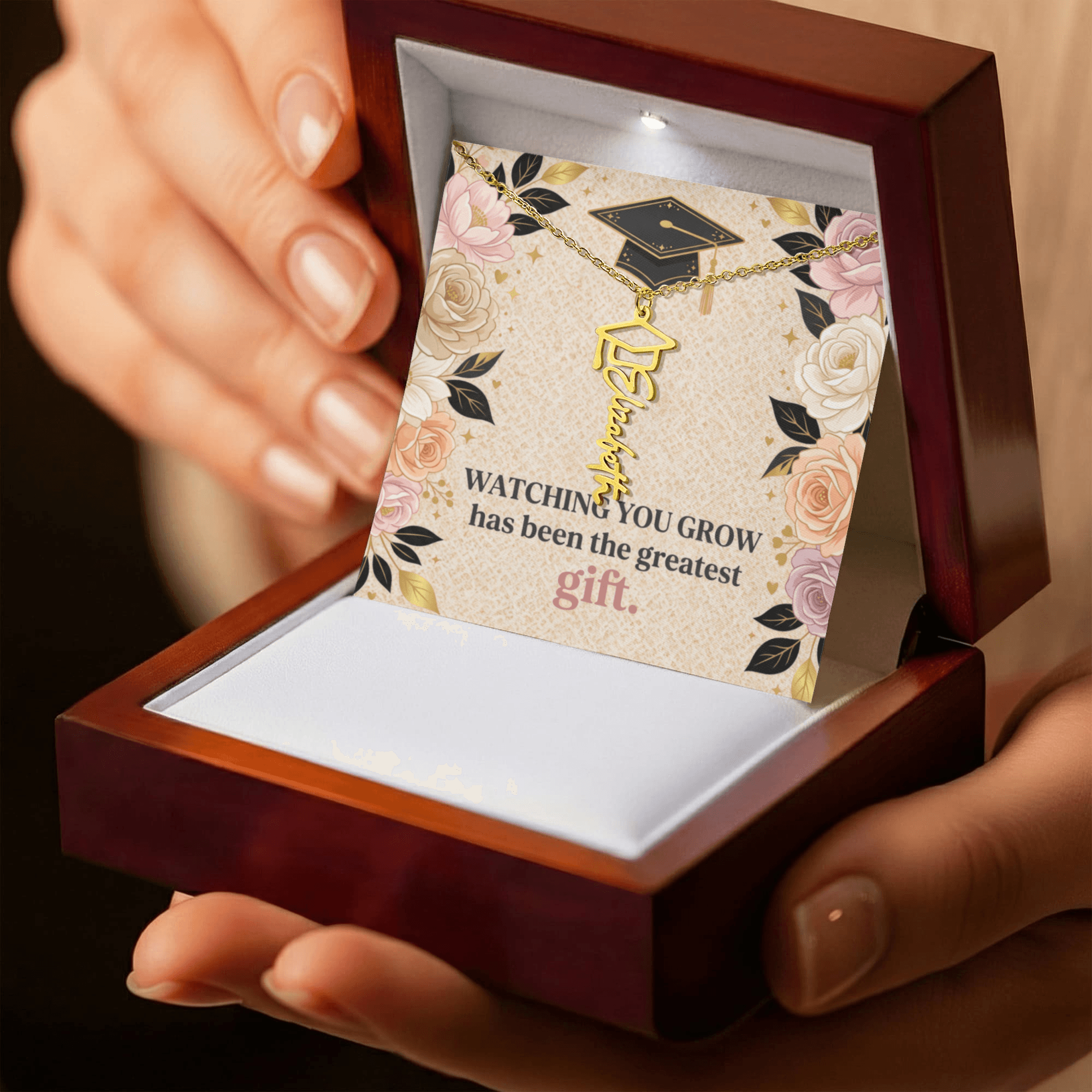 Shop our watching you grow has been the greatest gift graduation cap name necklace featuring the 18k Yellow Gold Finish style option from MySisterIsASurvivor.