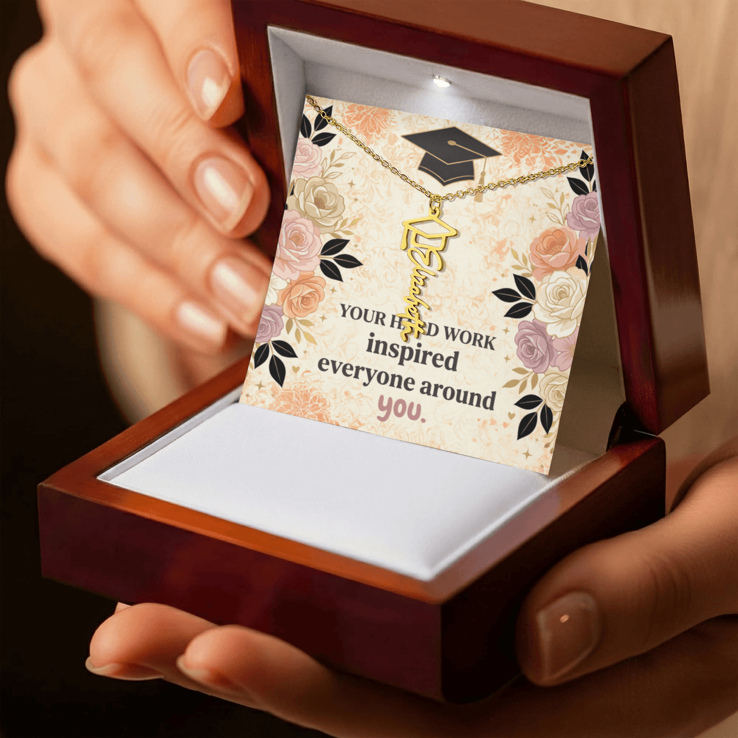 Shop our your hard work inspired everyone around you graduation cap name necklace featuring the 18k Yellow Gold Finish style option from MySisterIsASurvivor.