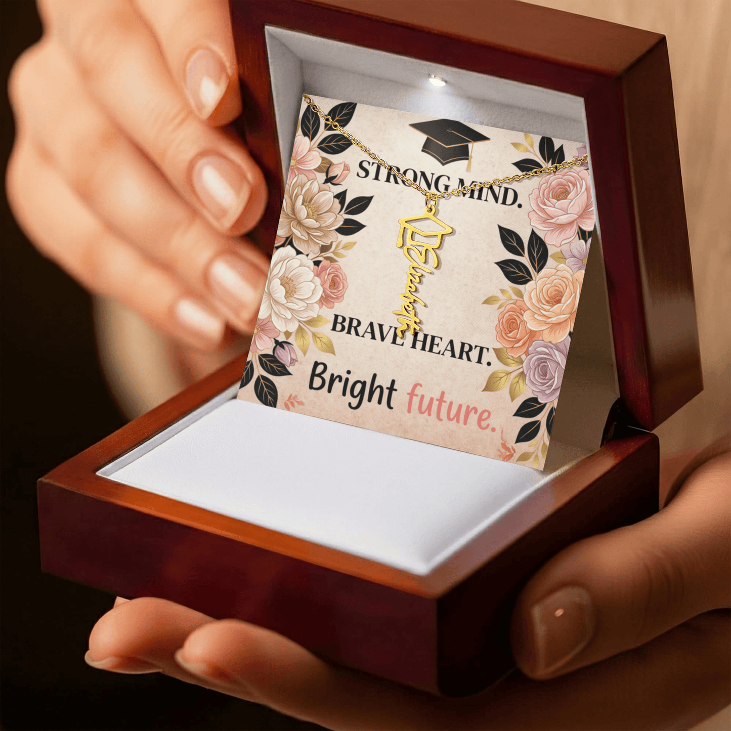 Shop our strong mind brave heart bright future graduation cap name necklace featuring the 18k Yellow Gold Finish style option from MySisterIsASurvivor.