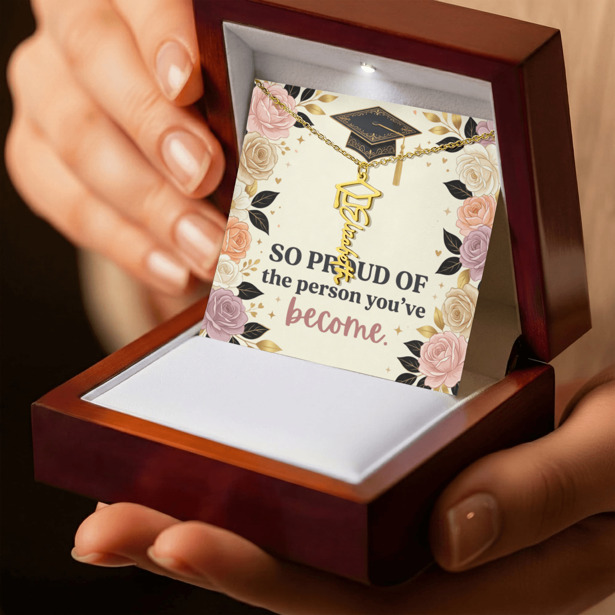 Shop our so proud of the person youve become graduation cap name necklace featuring the 18k Yellow Gold Finish style option from MySisterIsASurvivor.
