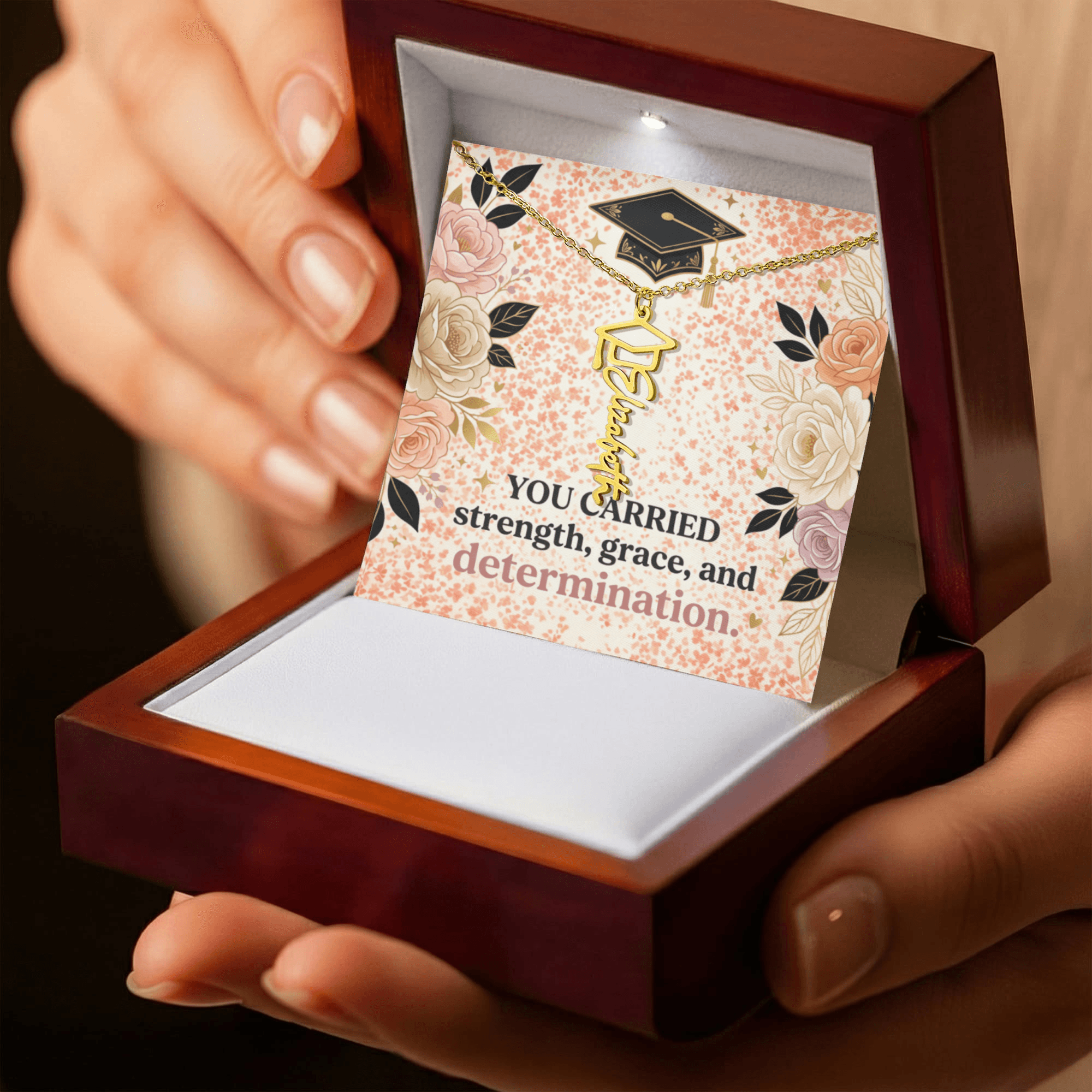 Shop our you carried strength grace and determination graduation cap name necklace featuring the 18k Yellow Gold Finish style option from MySisterIsASurvivor.