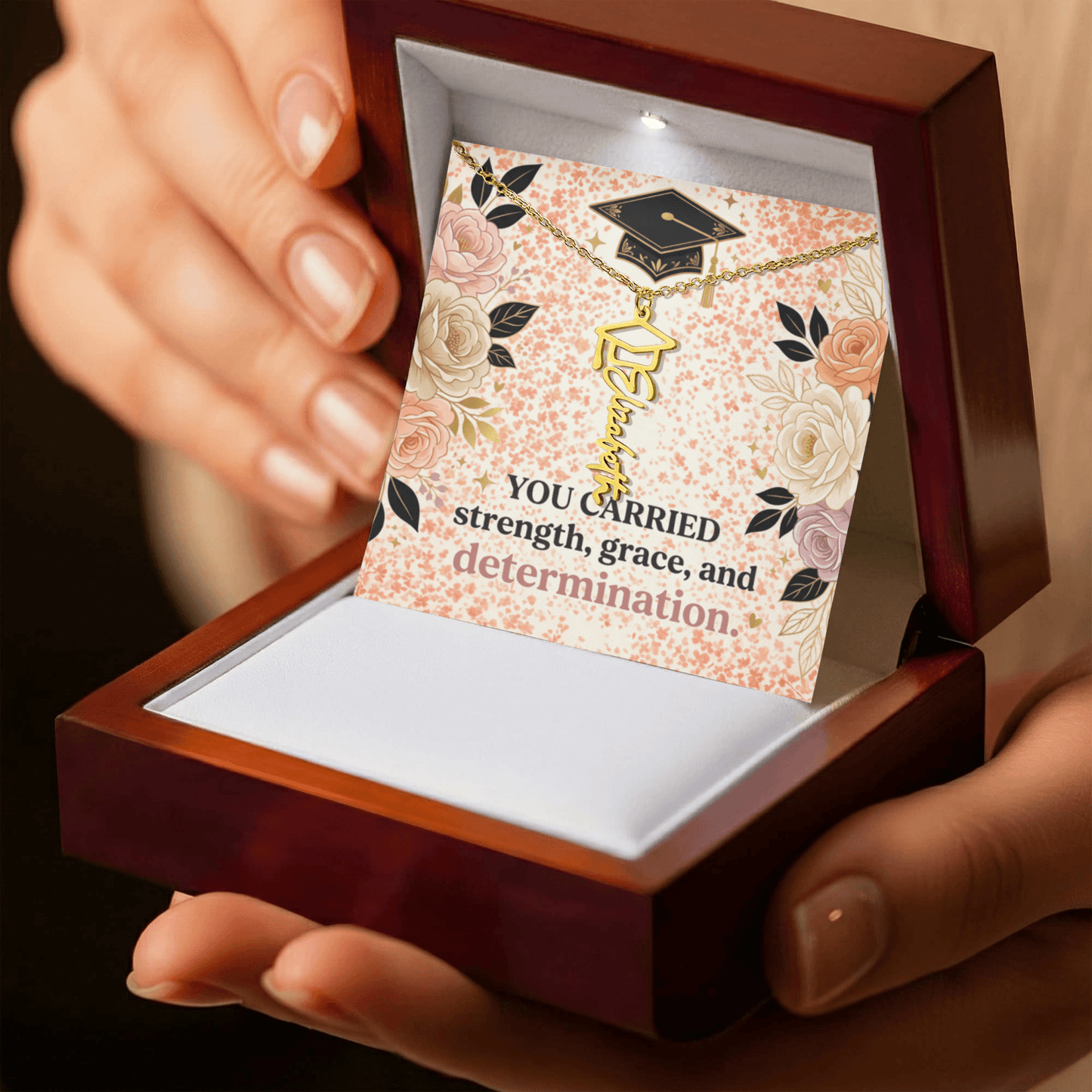 Shop our you carried strength grace and determination graduation cap name necklace featuring the 18k Yellow Gold Finish style option from MySisterIsASurvivor.