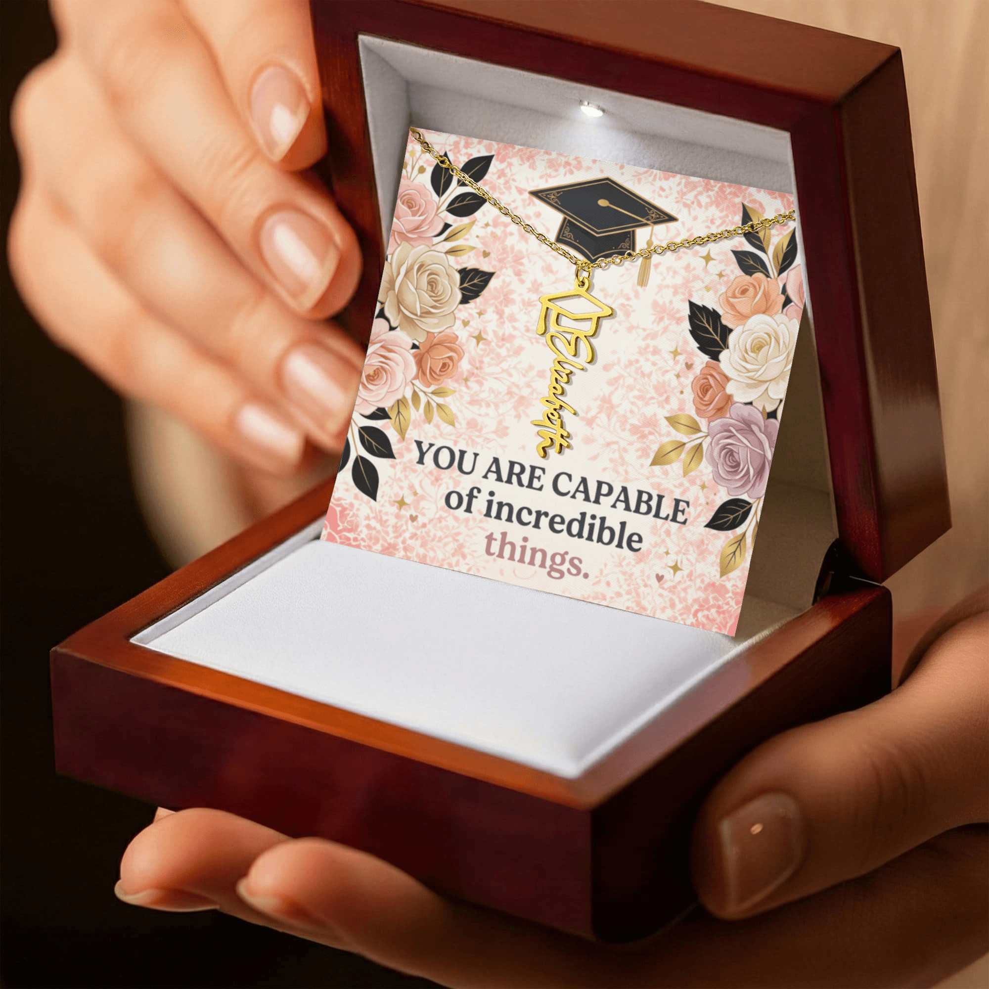 Shop our you are capable of incredible things graduation cap name necklace featuring the 18k Yellow Gold Finish style option from MySisterIsASurvivor.