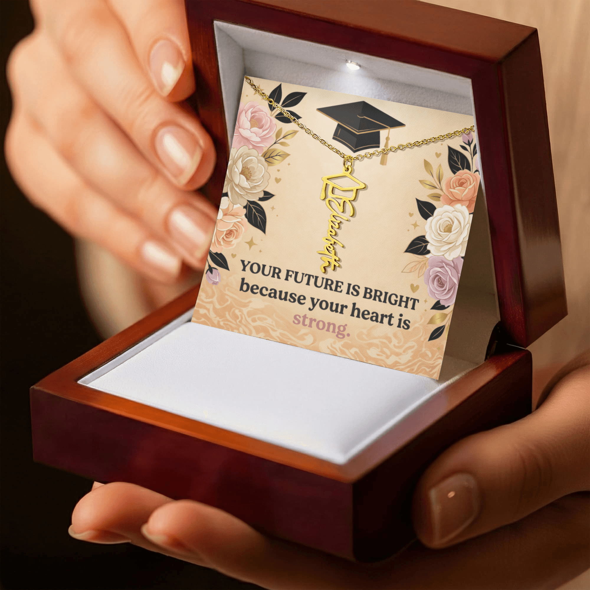 Shop our your future is bright because your heart is strong graduation cap name necklace featuring the 18k Yellow Gold Finish style option from MySisterIsASurvivor.