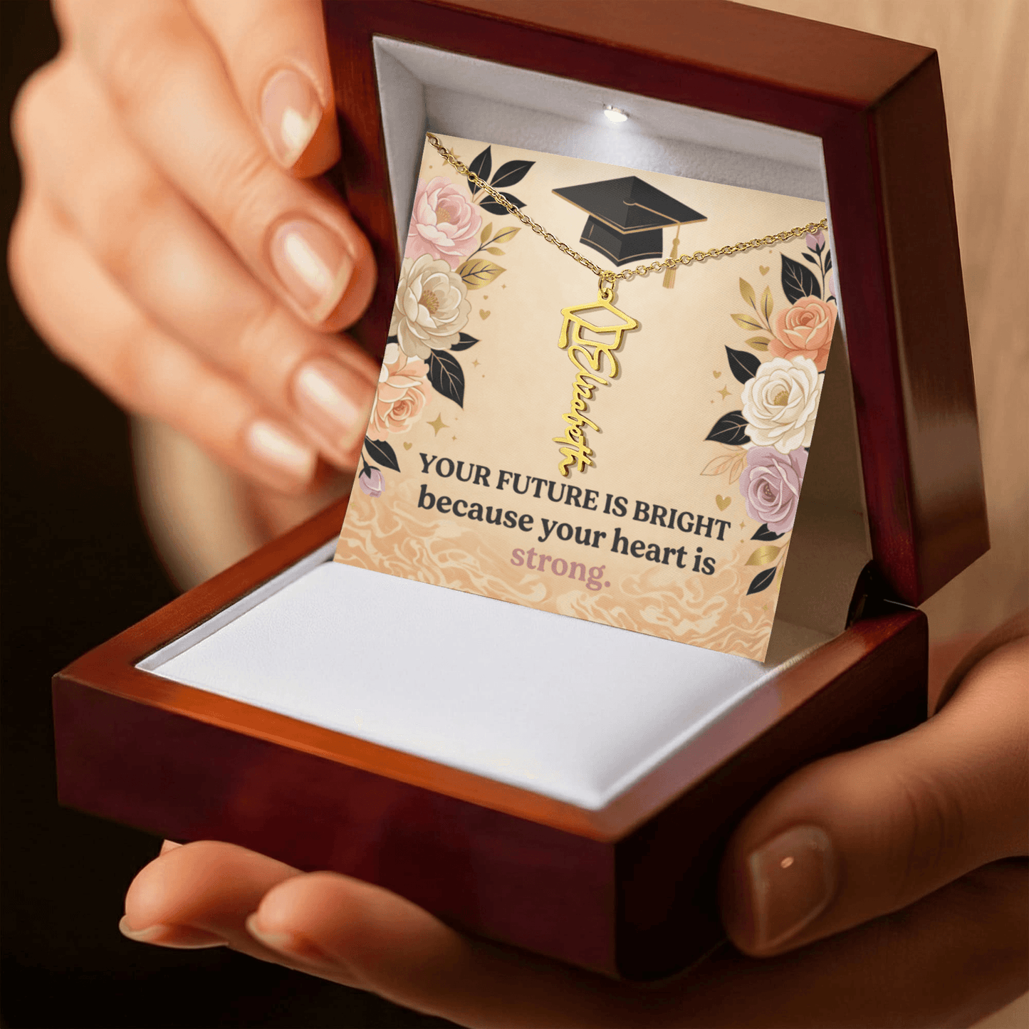 Shop our your future is bright because your heart is strong graduation cap name necklace featuring the 18k Yellow Gold Finish style option from MySisterIsASurvivor.