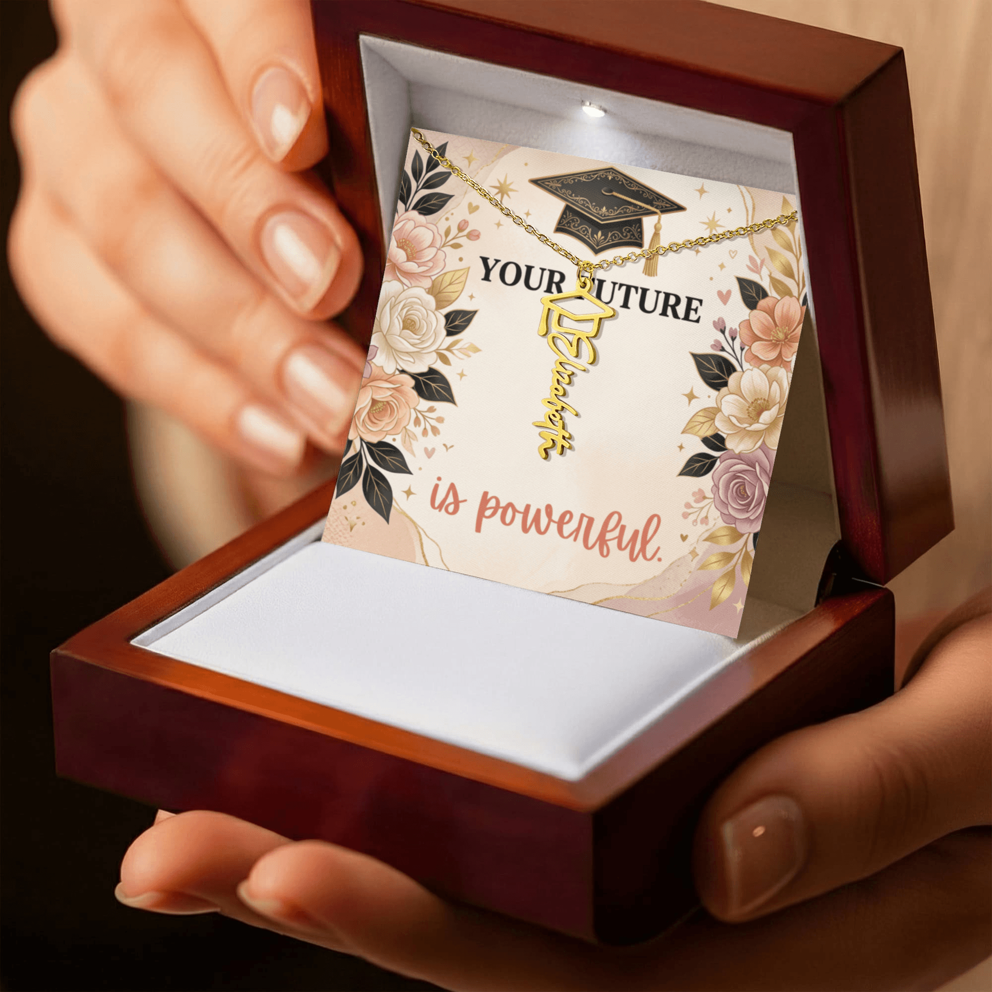 Shop our premium your future is powerful graduation cap name necklace from MySisterIsASurvivor.