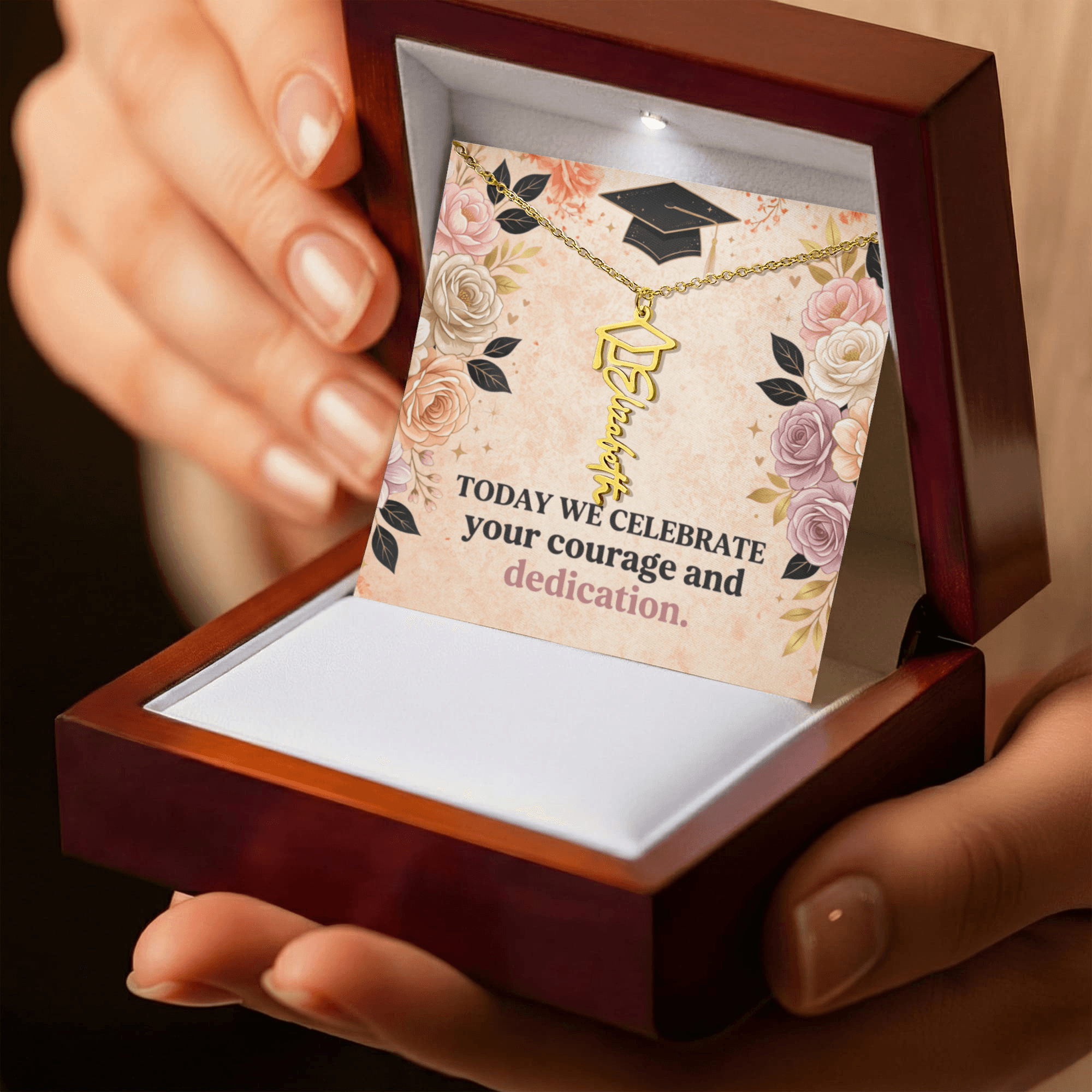 Shop our today we celebrate your courage and dedication graduation cap name necklace featuring the 18k Yellow Gold Finish style option from MySisterIsASurvivor.