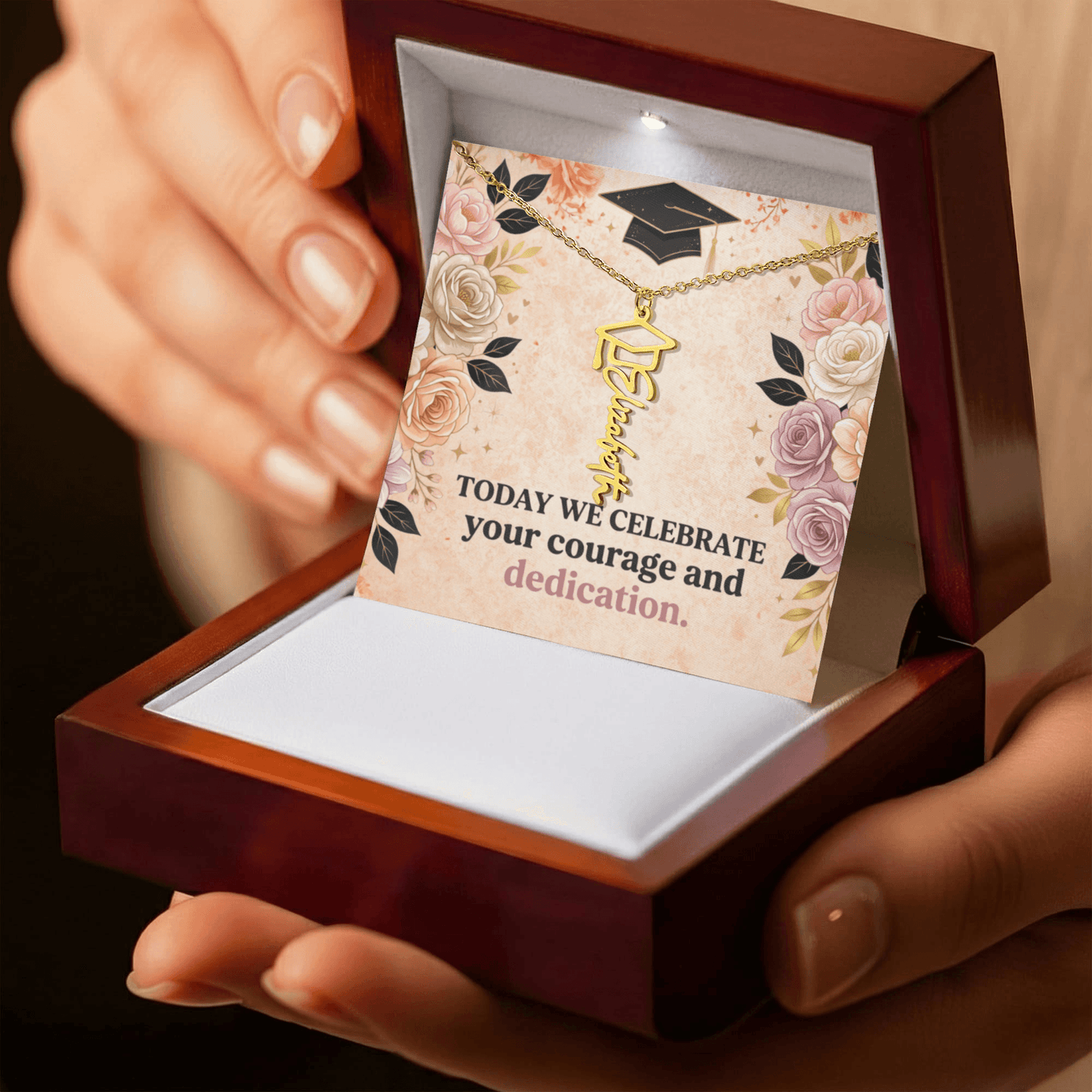 Shop our today we celebrate your courage and dedication graduation cap name necklace featuring the 18k Yellow Gold Finish style option from MySisterIsASurvivor.