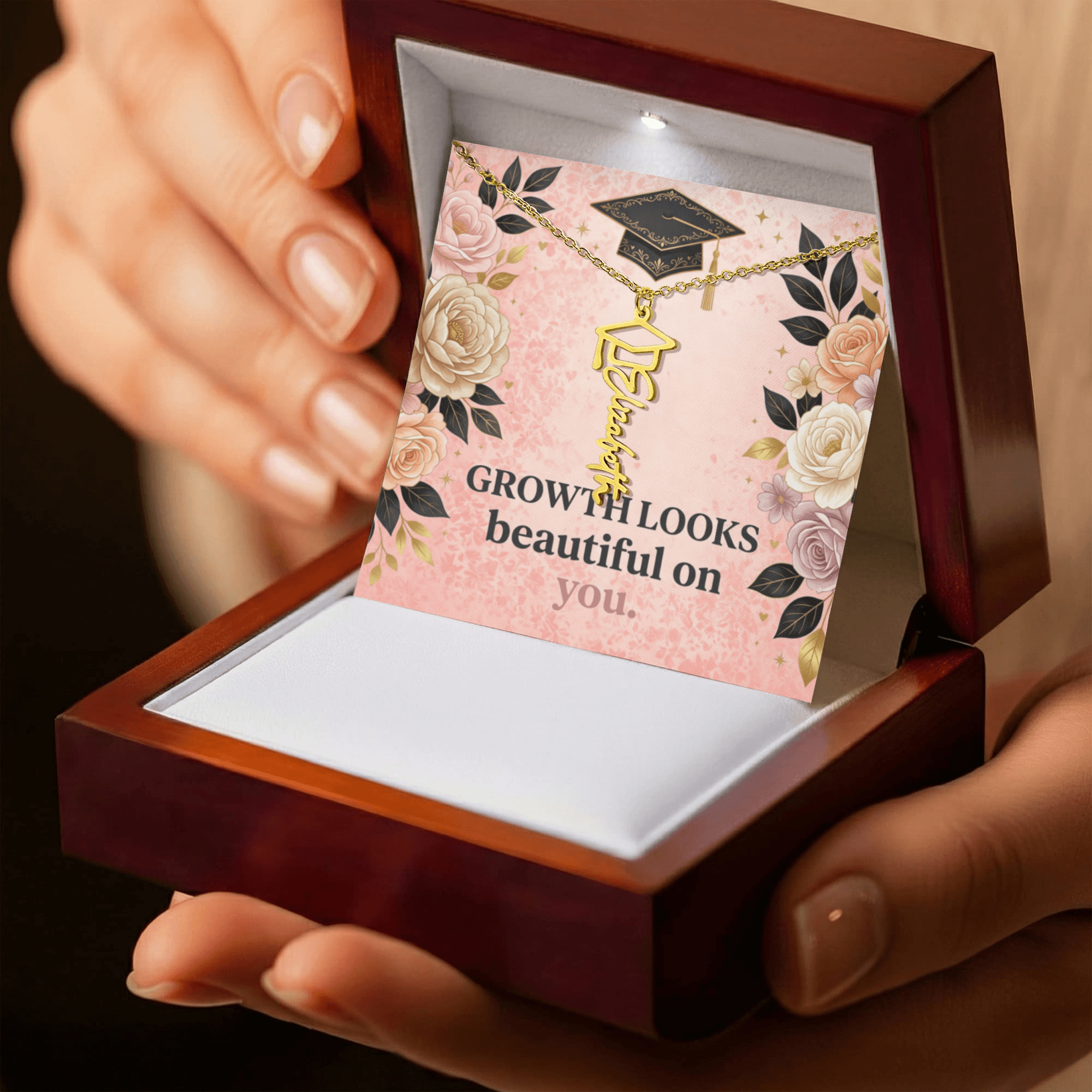 Shop our growth looks beautiful on you graduation cap name necklace featuring the 18k Yellow Gold Finish style option from MySisterIsASurvivor.