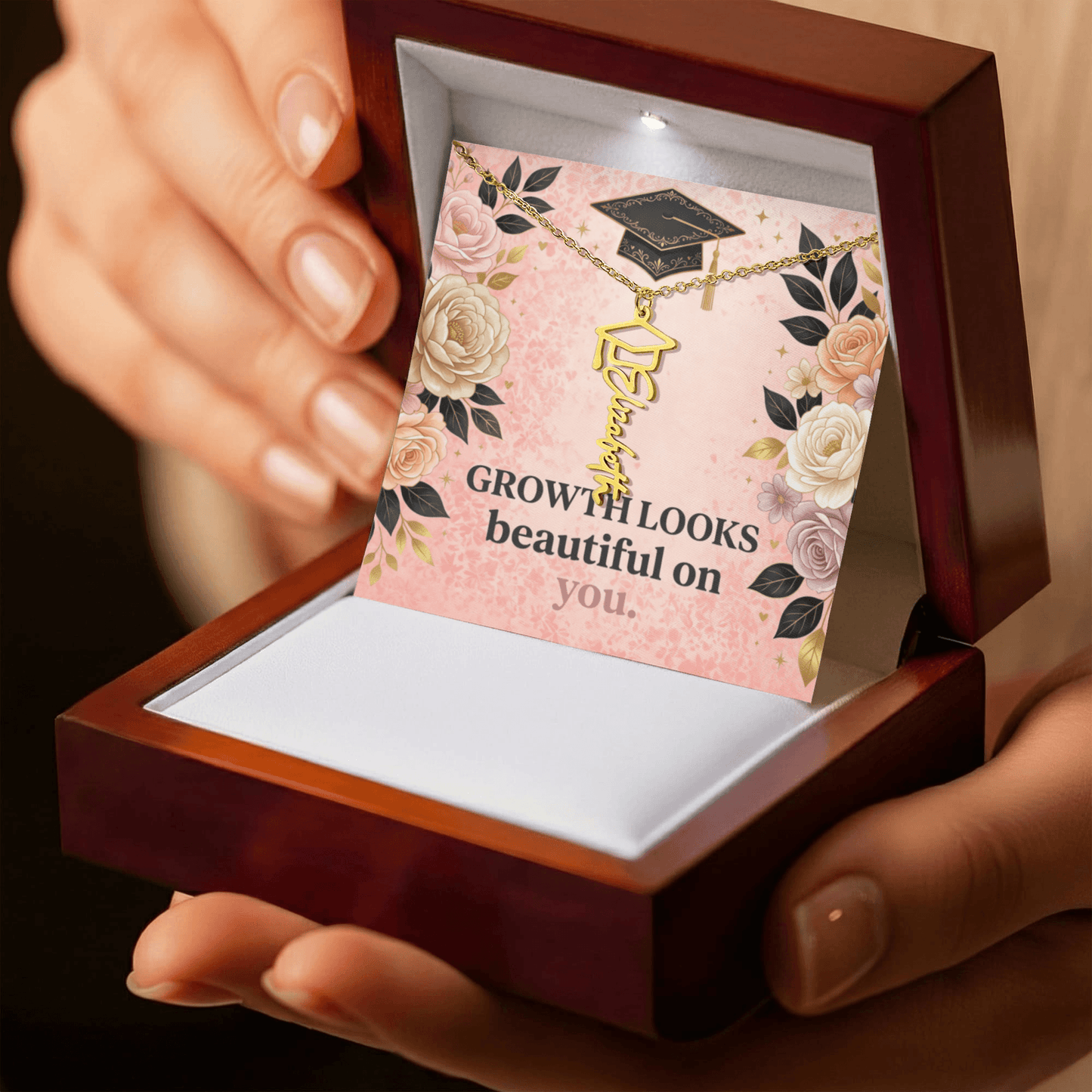 Shop our growth looks beautiful on you graduation cap name necklace featuring the 18k Yellow Gold Finish style option from MySisterIsASurvivor.